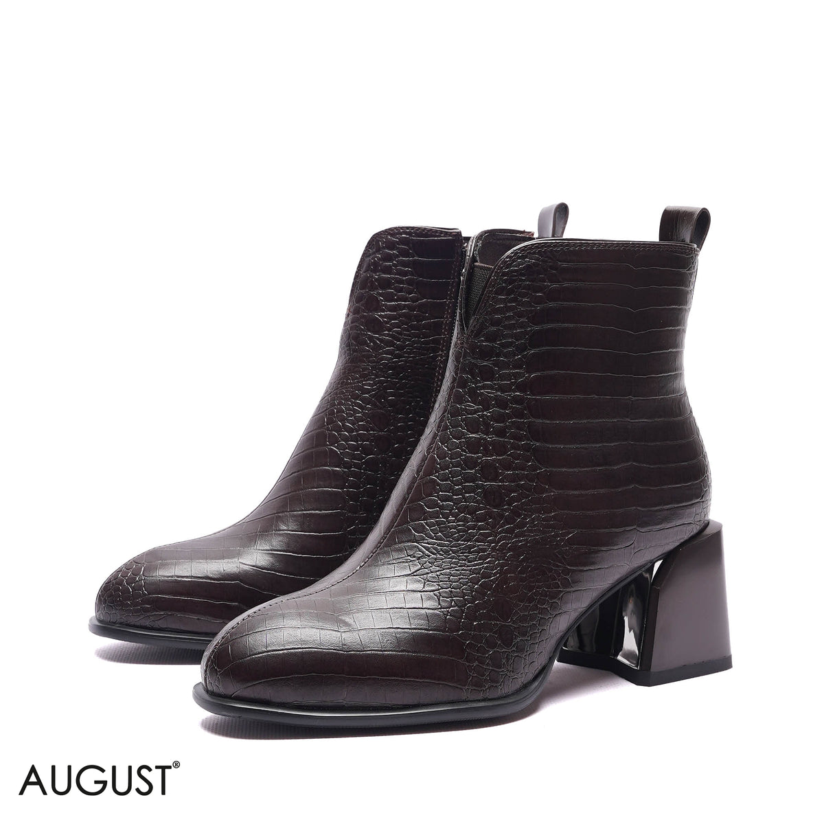 CROC-EMBOSSED BLOCK HEEL BOOTS
