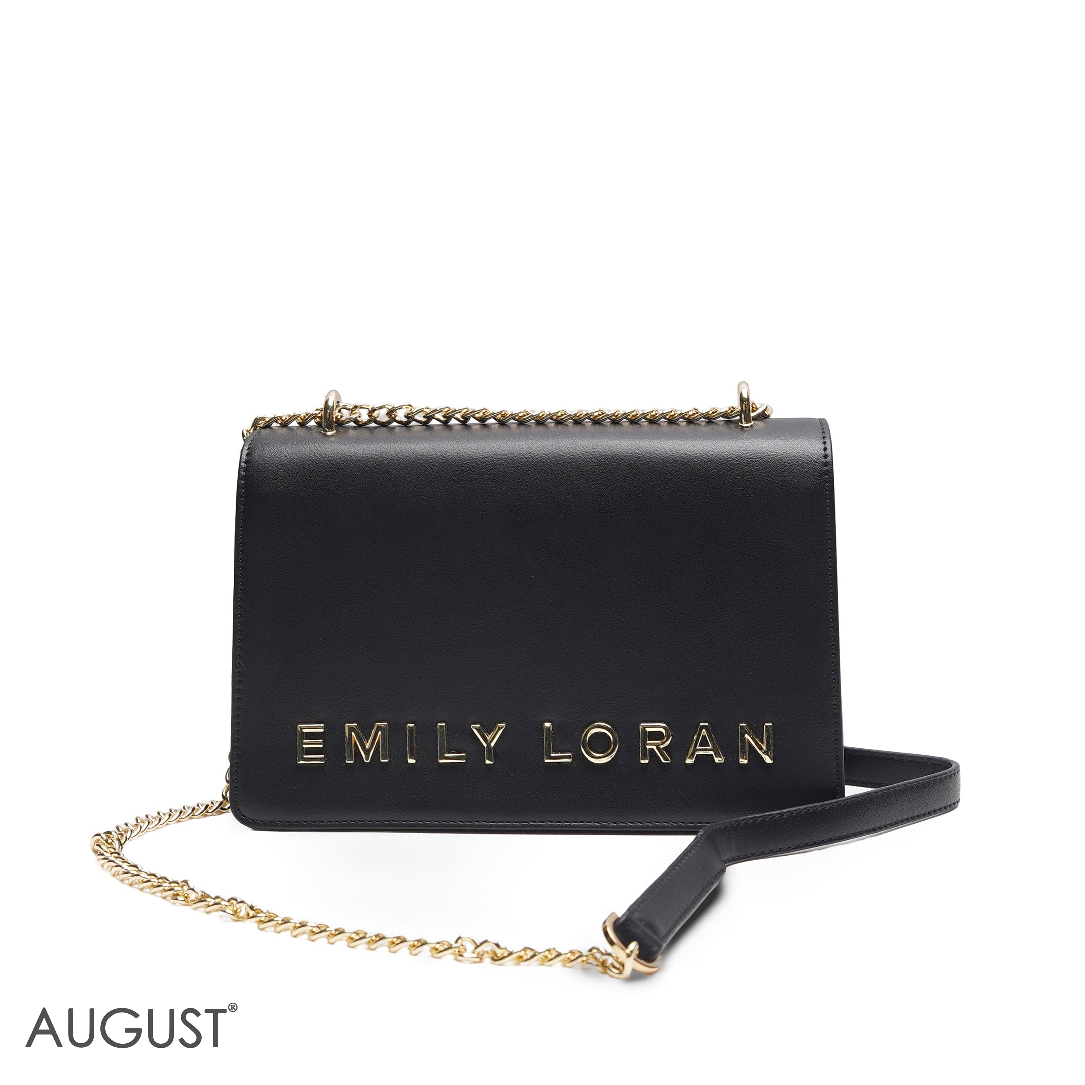 EMILY LORAN SOLID BLACK METALLIC LOGO FLAP BAG