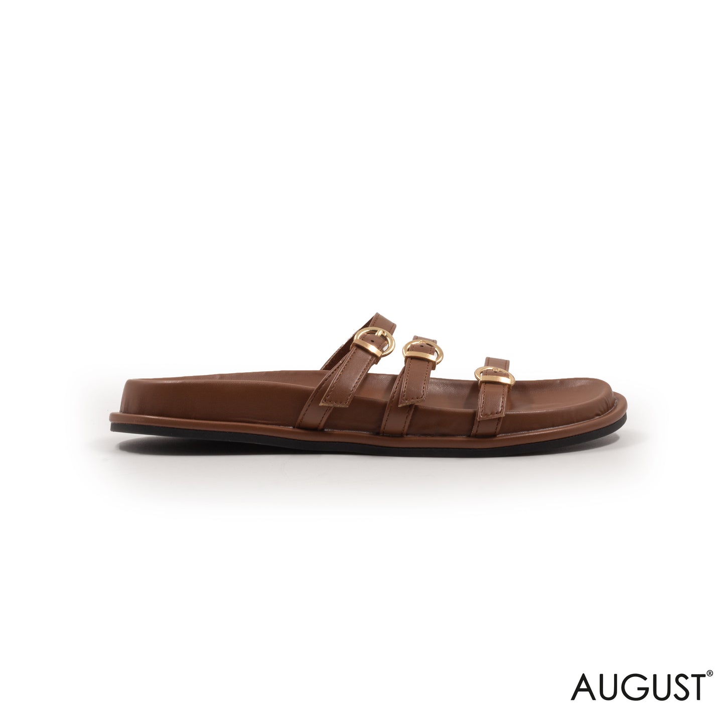 STRAPPY BROWN FLAT SLIPPER WITH GOLD BUCKLES