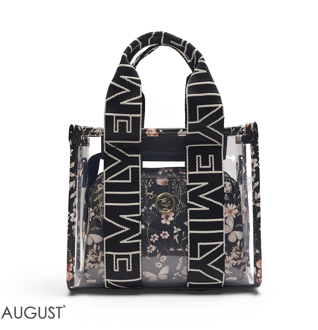 BLACK TRANSPARENT BAG WITH FLORAL INNER POUCH