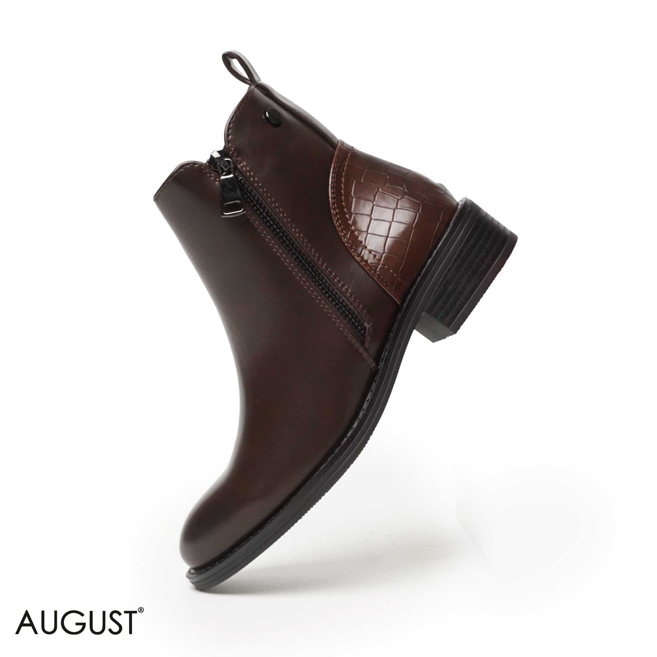 BROWN LEATHER ANKLE BOOTS WITH CROCODILE TOUCH