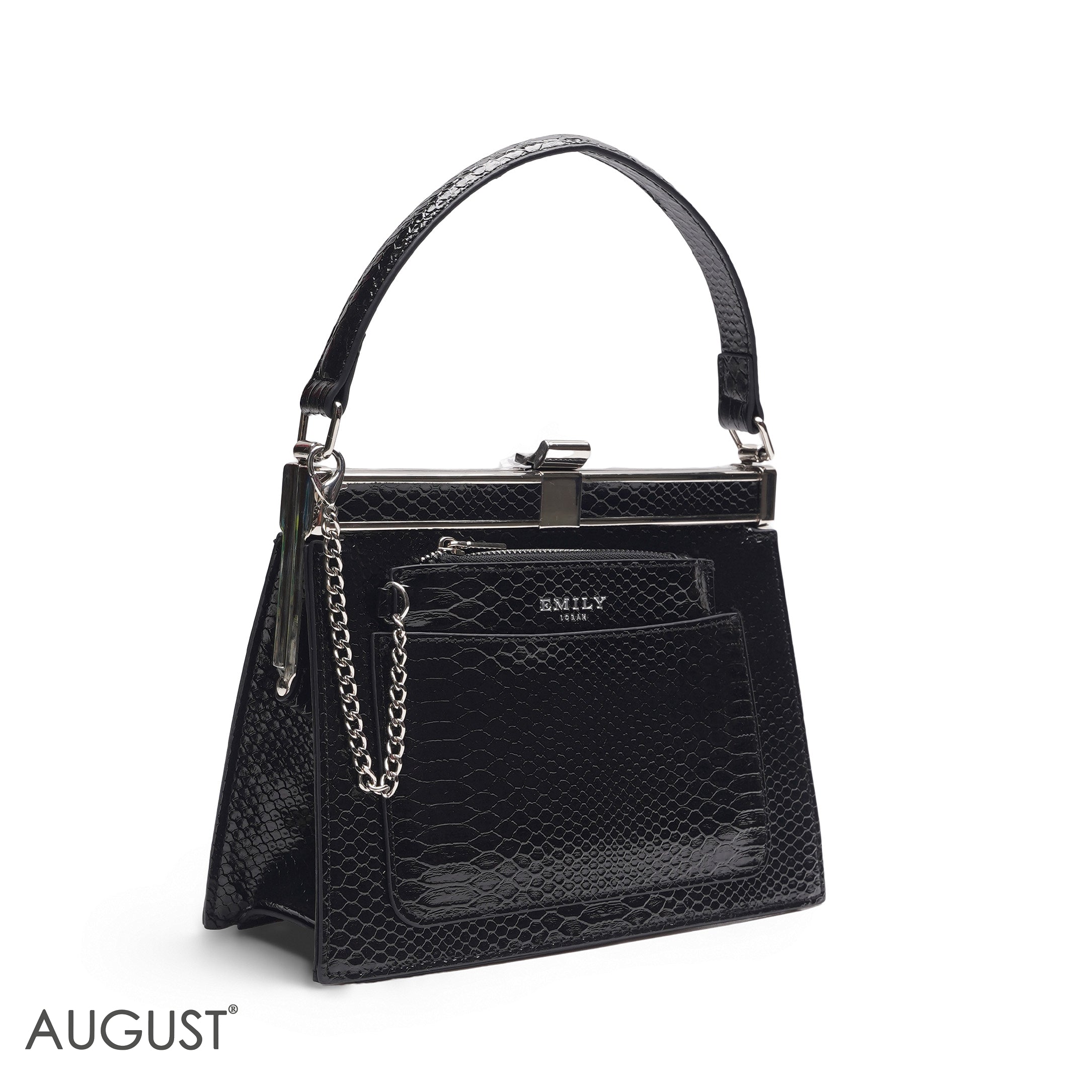 EMILY SOLID BLACK SNAKESKIN FRAME BAG WITH MINI POUCH - MED