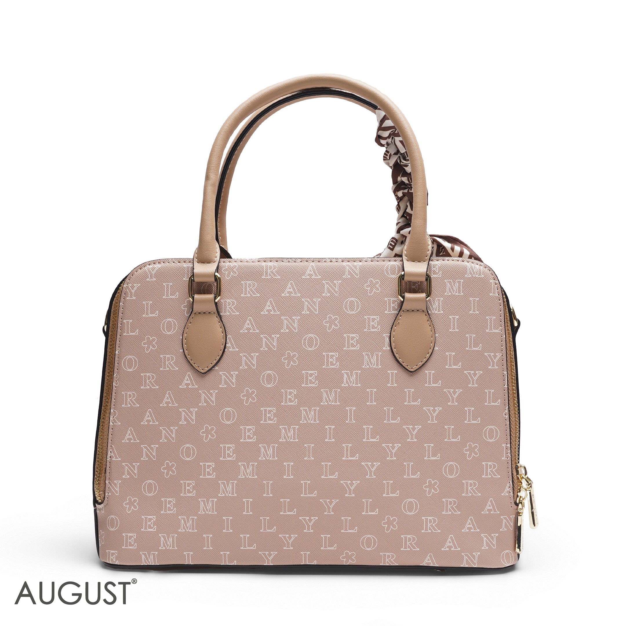BEIGE EMILY LETTER PRINT SATCHEL BAG WITH SCARF ACCENT - MED