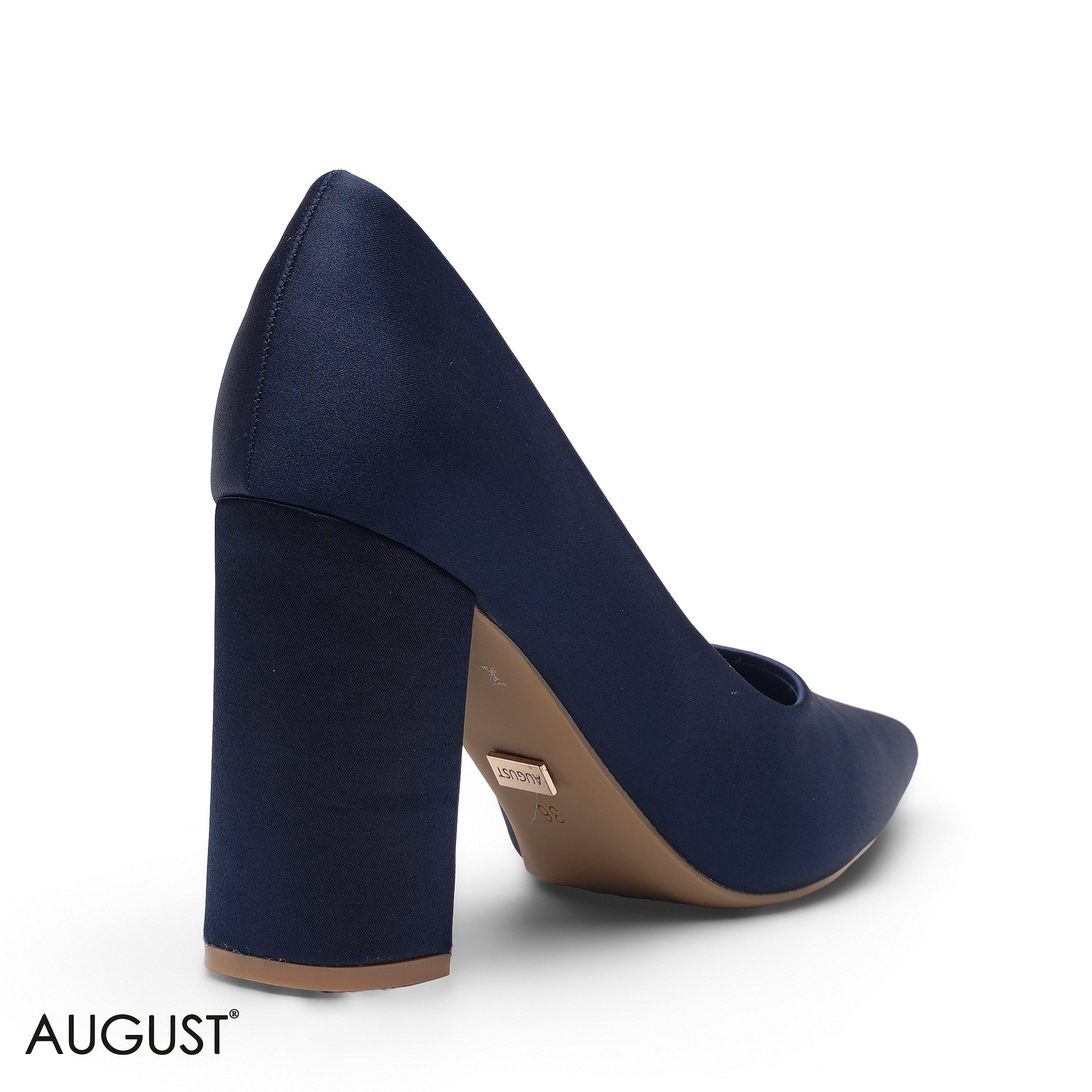 NAVY BLUE SATIN POINTED-TOE BLOCK HIGH HEEL