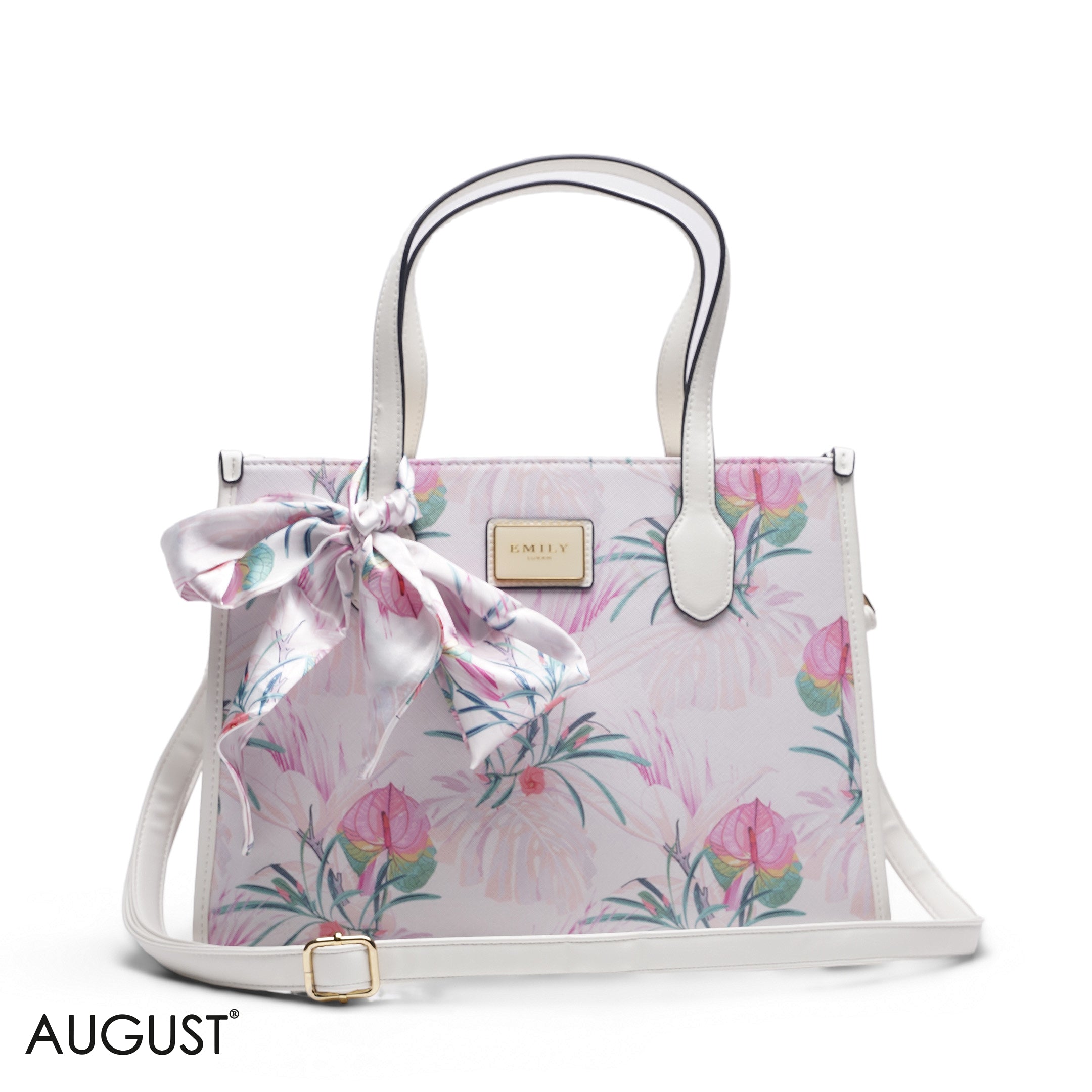 WHITE FLORAL LEATHER HANDBAG WITH FLORAL PRINT SCARF - LARGE