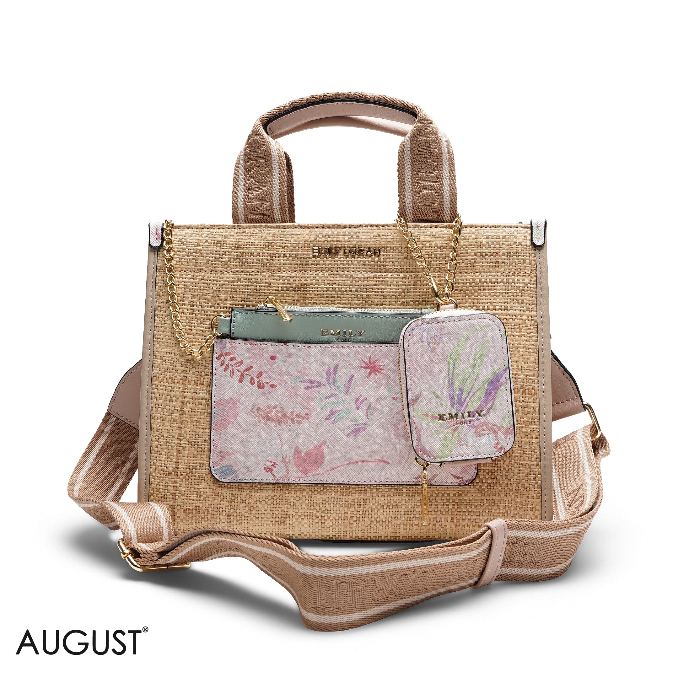 FLORAL STRAW MULTI-POUCH TOTE BAG SET