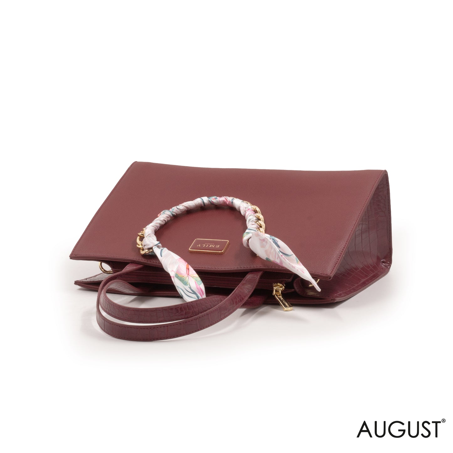 MAROON LEATHER HANDBAG WITH GOLD CHAIN AND SCARF -LARGE