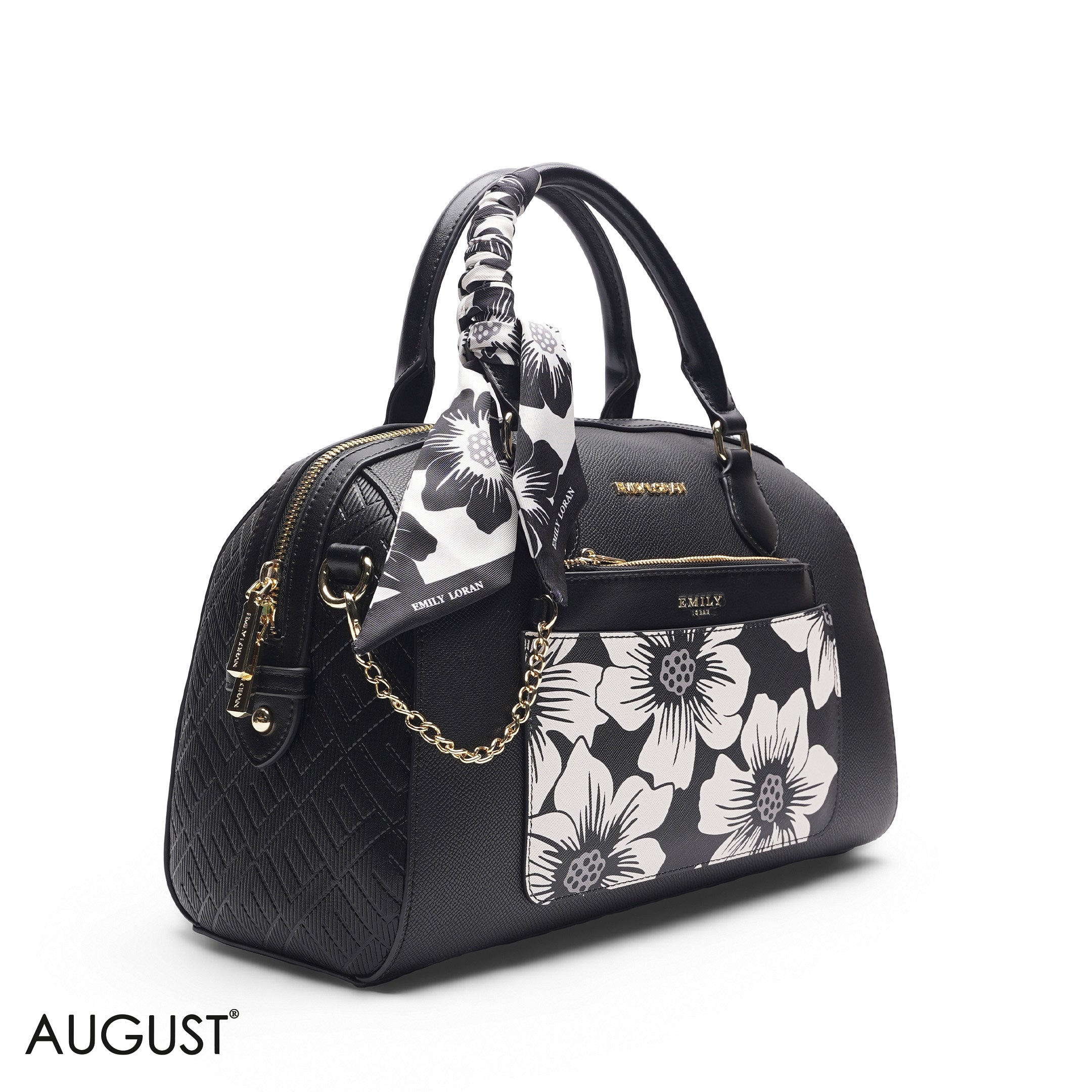 BLACK FLORAL BAG WITH FRONT POUCH & SCARF - LARGE