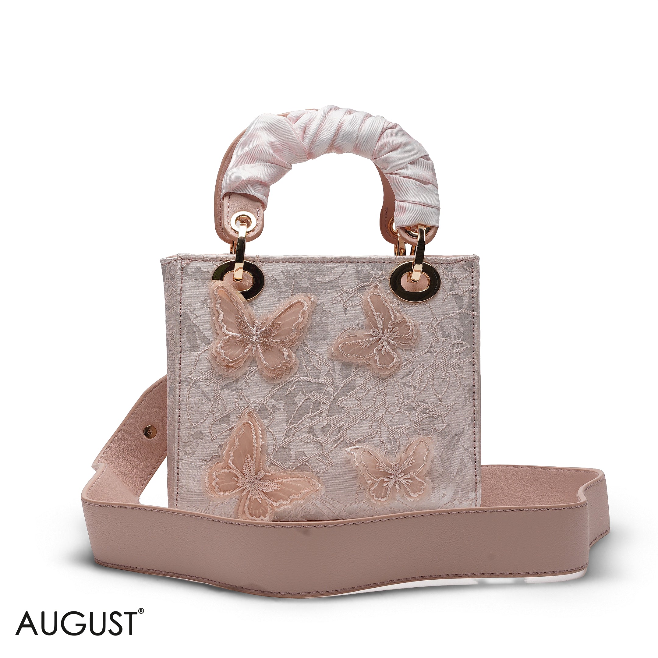 PEACH BUTTERFLY EMBROIDERED LACE TOTE BAG