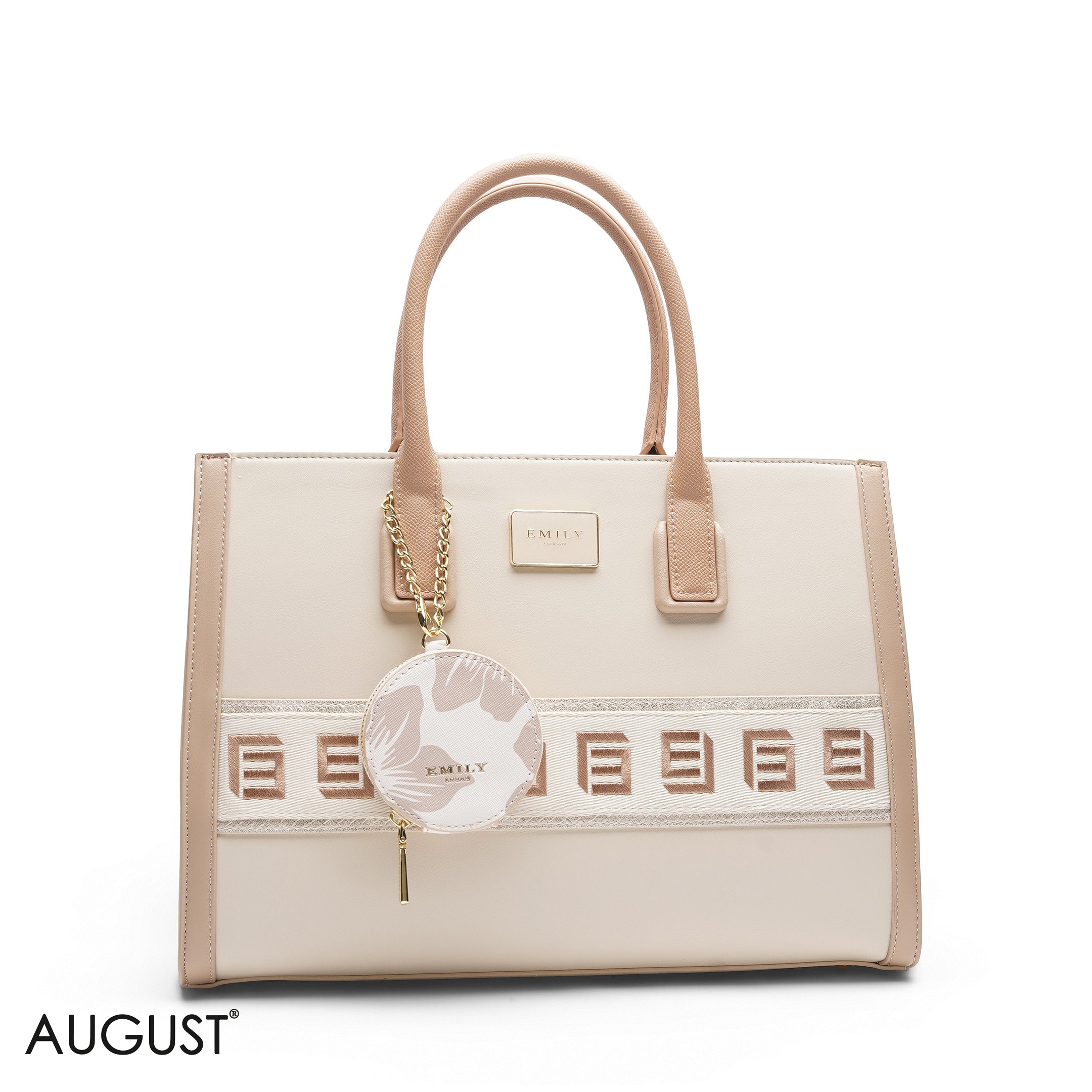 BEIGE SOLID TOTE WITH STRAP & ROUND POUCH