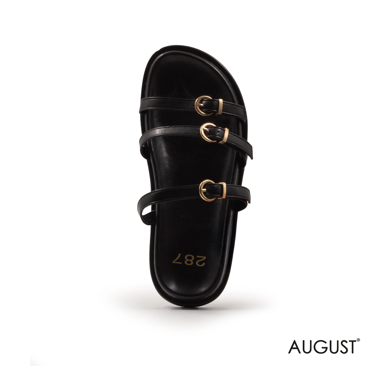 STRAPPY BLACK FLAT SLIPPER WITH GOLD BUCKLES