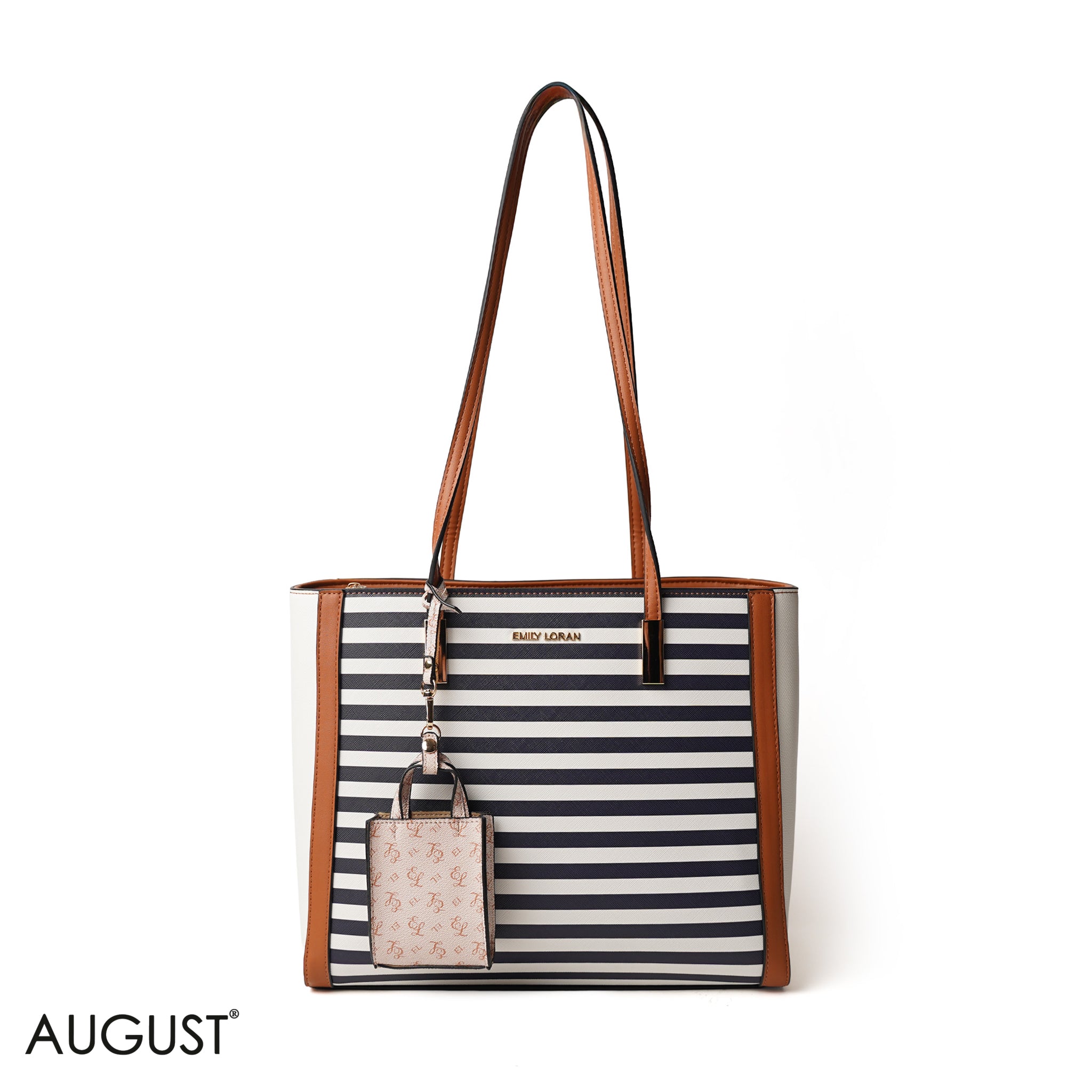STRIPED NAVY SHOULDER BAG WITH SIMPLE BUFF DETAIL - LARGE