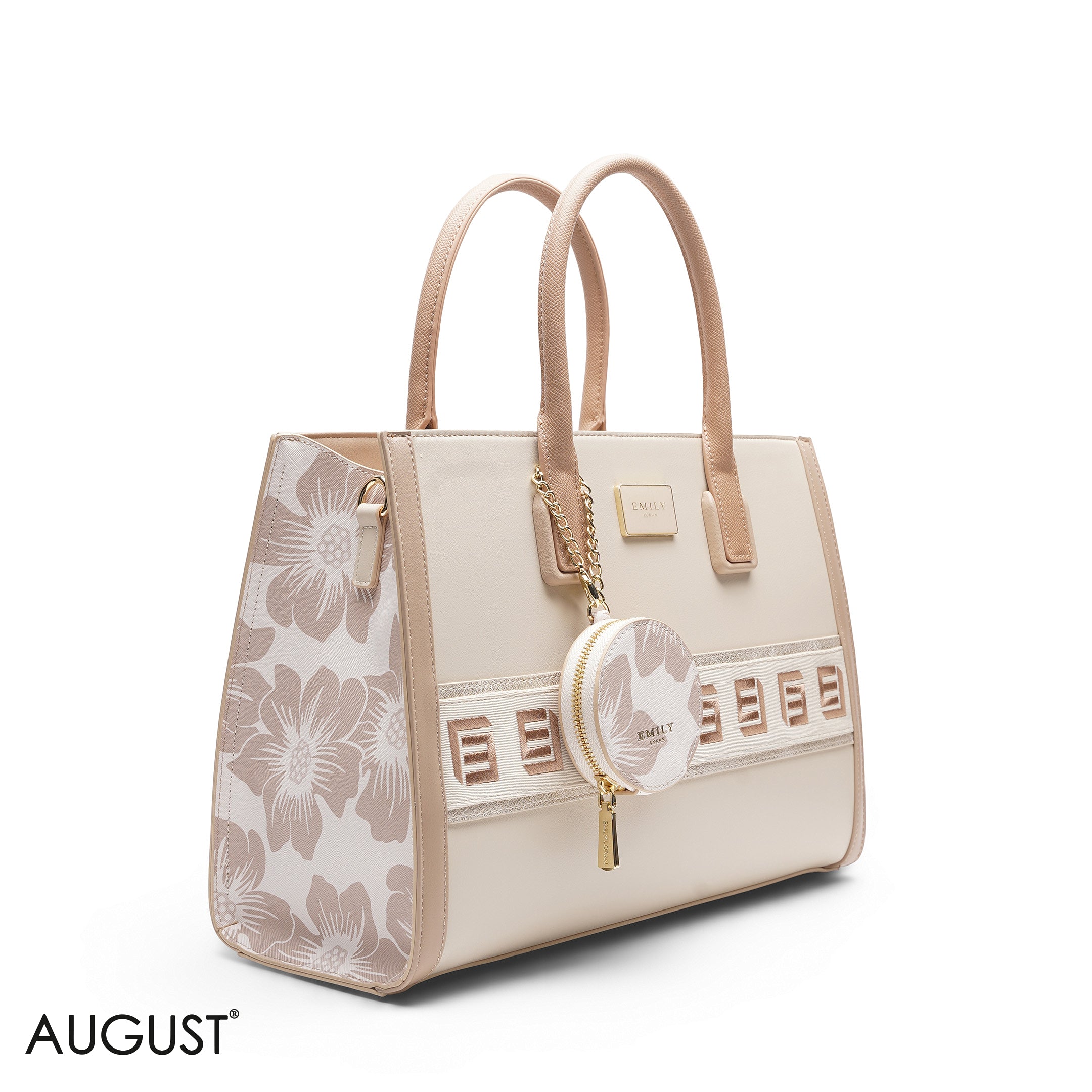 BEIGE SOLID TOTE WITH STRAP & ROUND POUCH