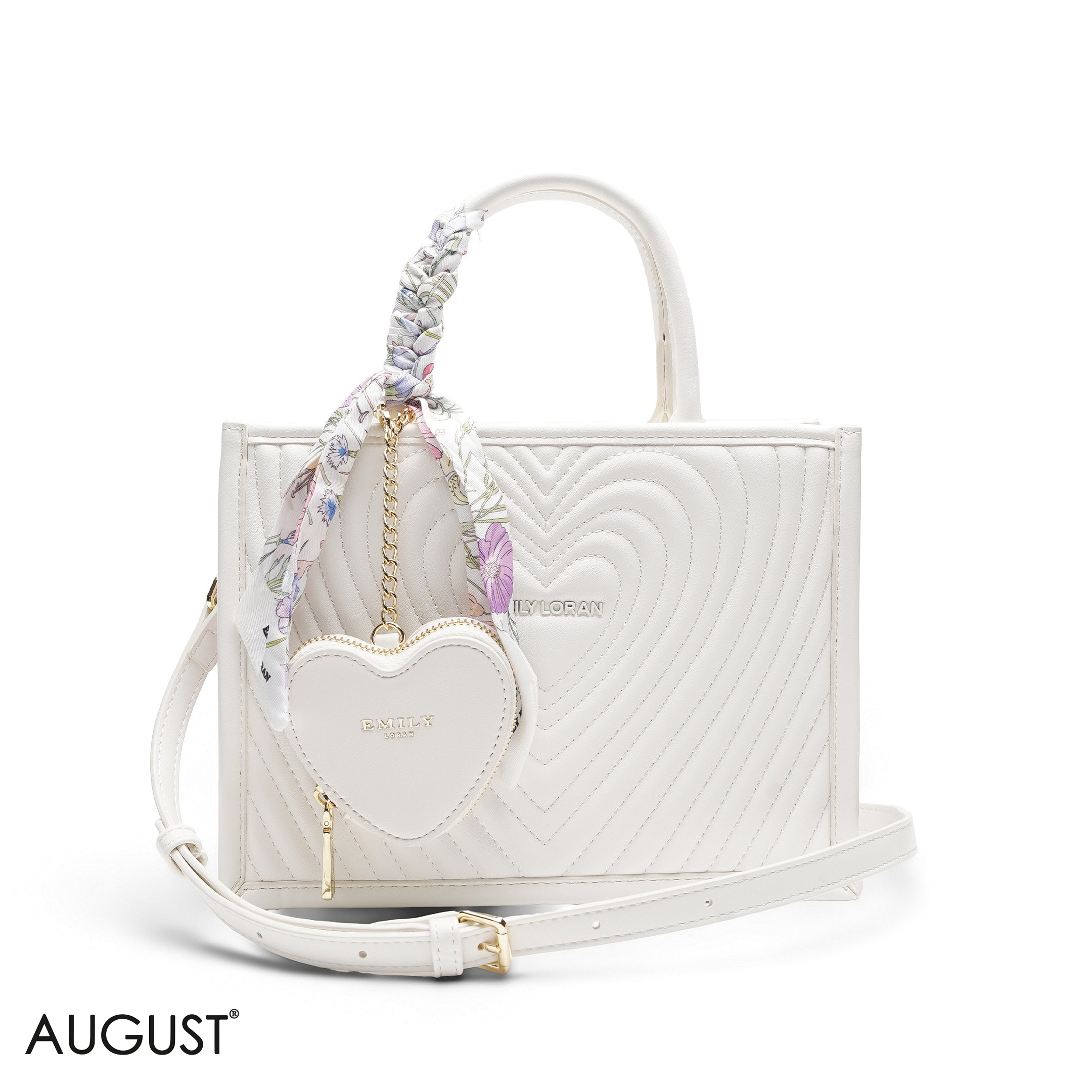 HEART QUILTED FLORAL SCARF WHITE TOTE BAG