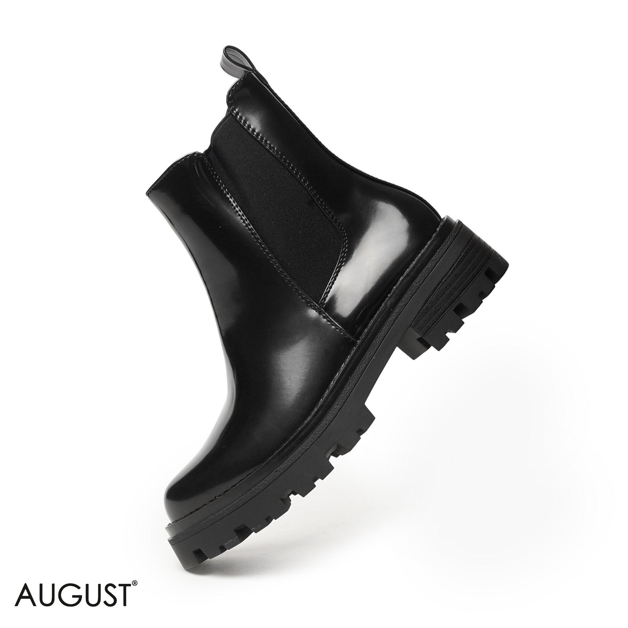 GLOSSY LEATHER ANKLE BOOTS WITH ELASTIC FABRIC