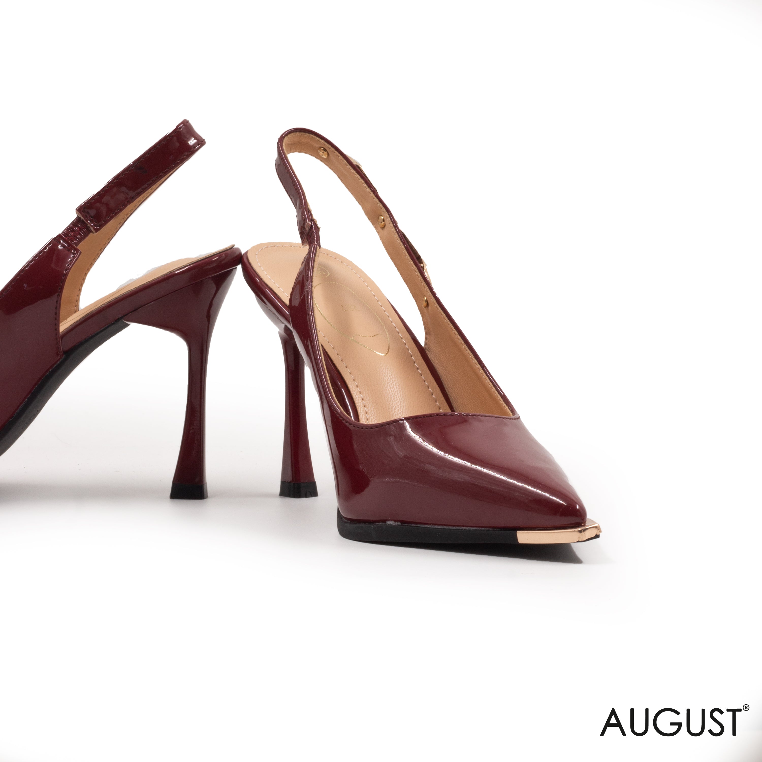 BURGUNDY GLOSSY LEATHER SLINGBACK HIGH -HEEL SHOES