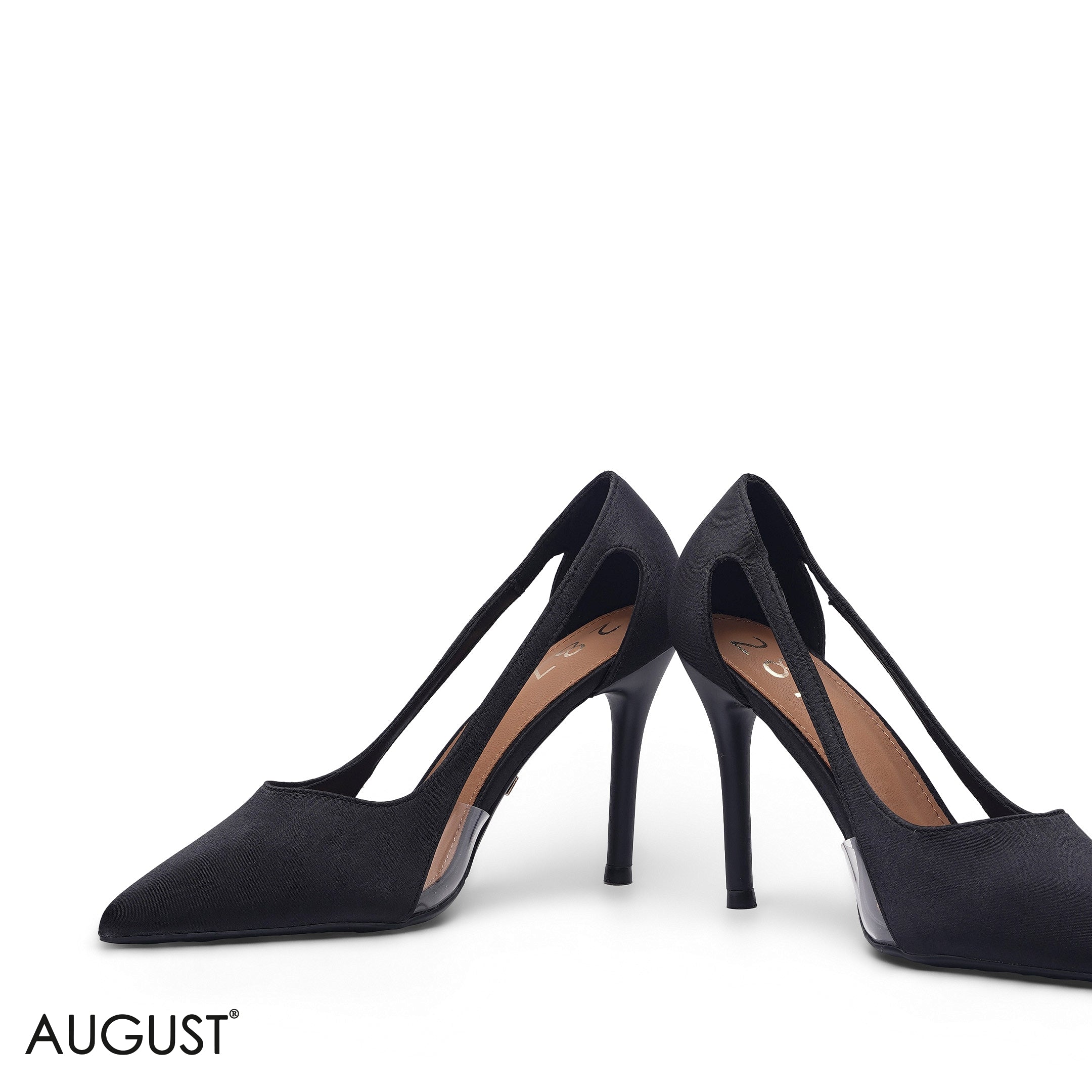 BLACK SATIN CUT-OUT SIDE POINTED TOE HEELS