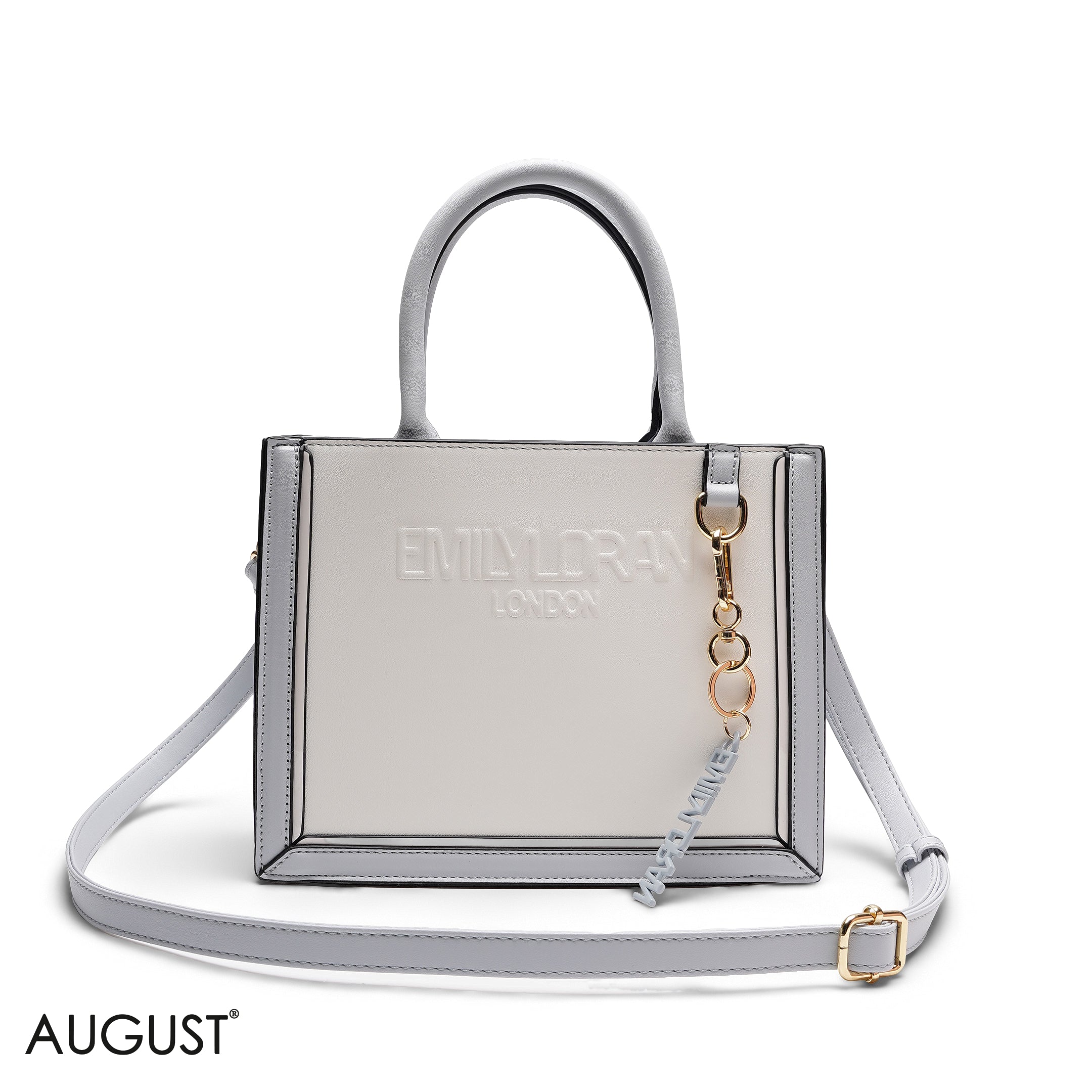 NAVY BLUEE EMBOSSED LOGO SQUARE TOP HANDLE BAG