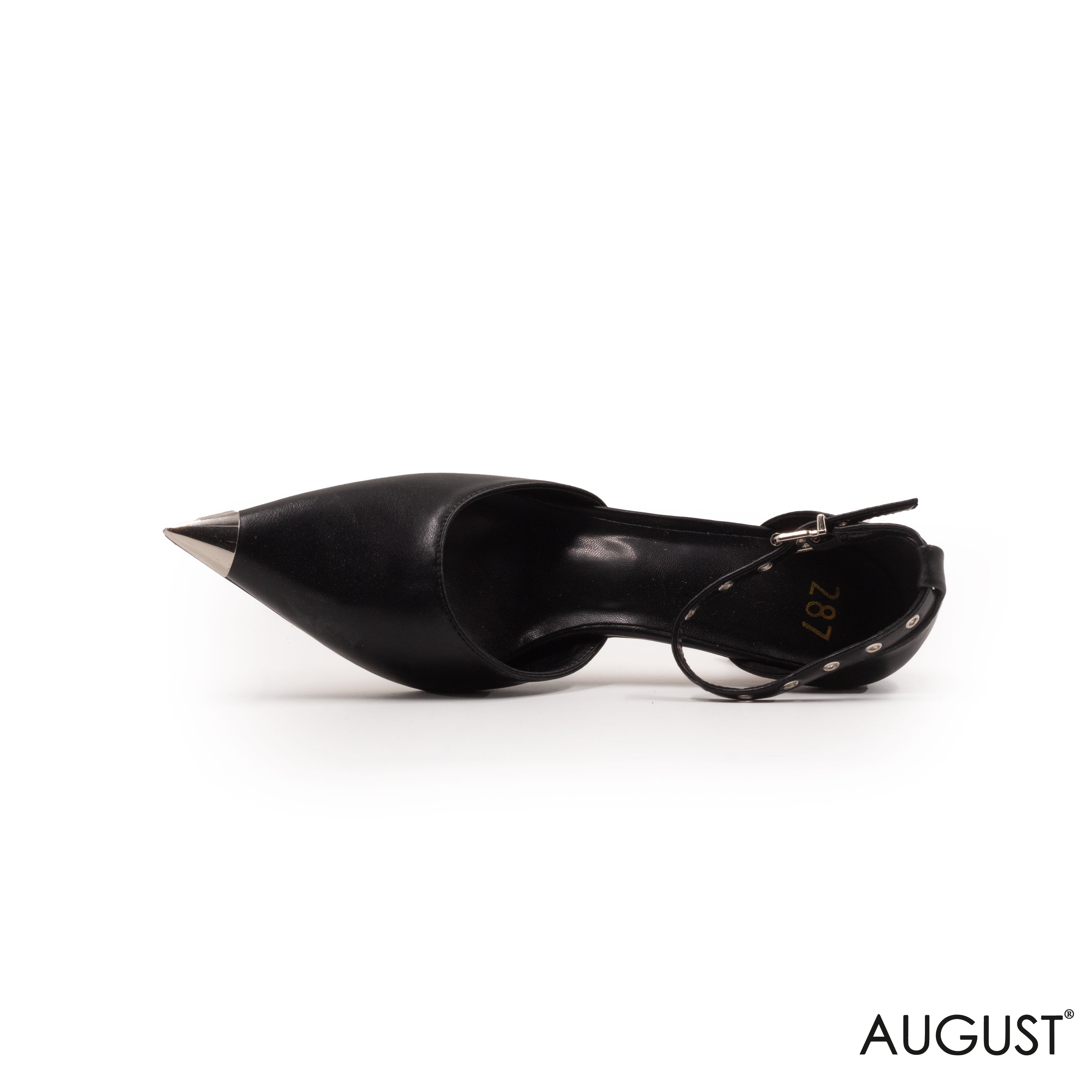 SMOOTH LEATHER ,METALLIC POINTED TOE WITH ANKLE STRAP