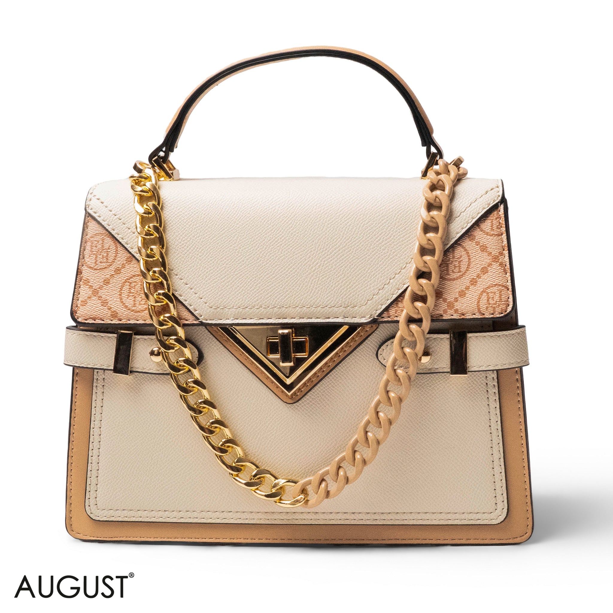 BEIGE LEATHER HANDBAG WITH METAL CHAIN ACCENTS-MED