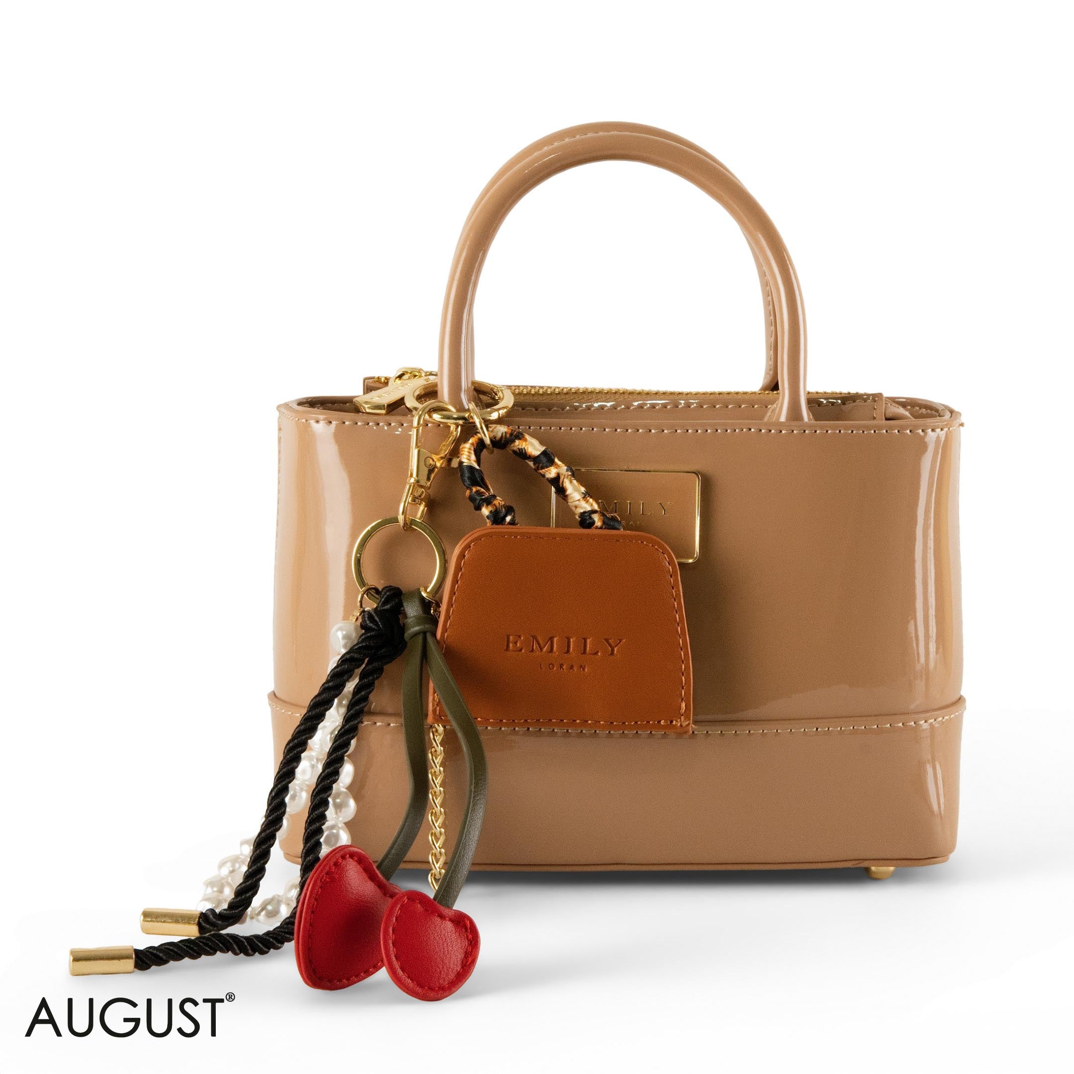 CAPPUCCINO GLOSSY LEATHER HANDBAG WITH ACCESSORIES- SMALL