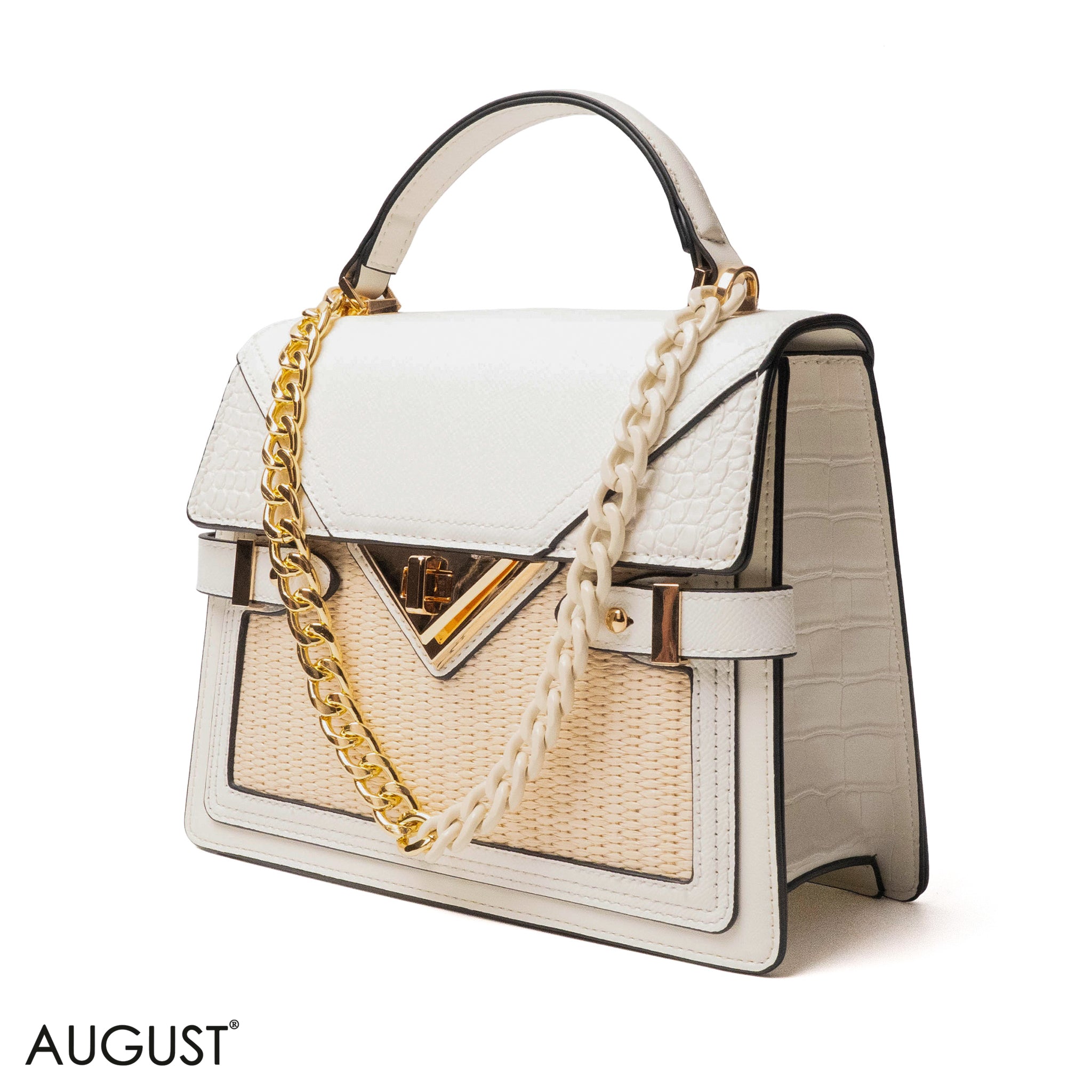 WHITE LEATHER HANDBAG WITH STRAW ACCENTS-MED