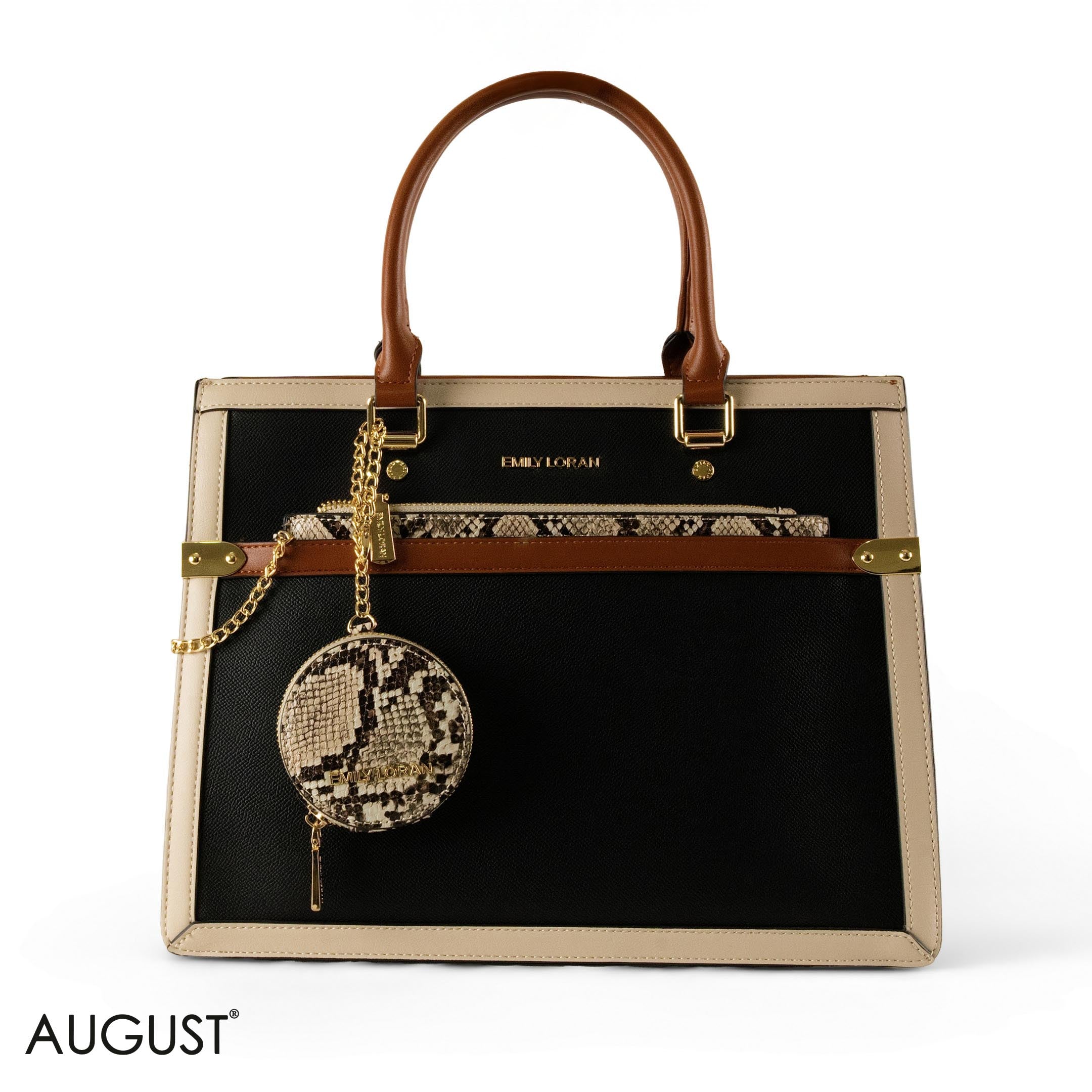 BLACK LEATHER EMILY LORAN HANDBAG WITH SNAKE DETAILS - LARGE