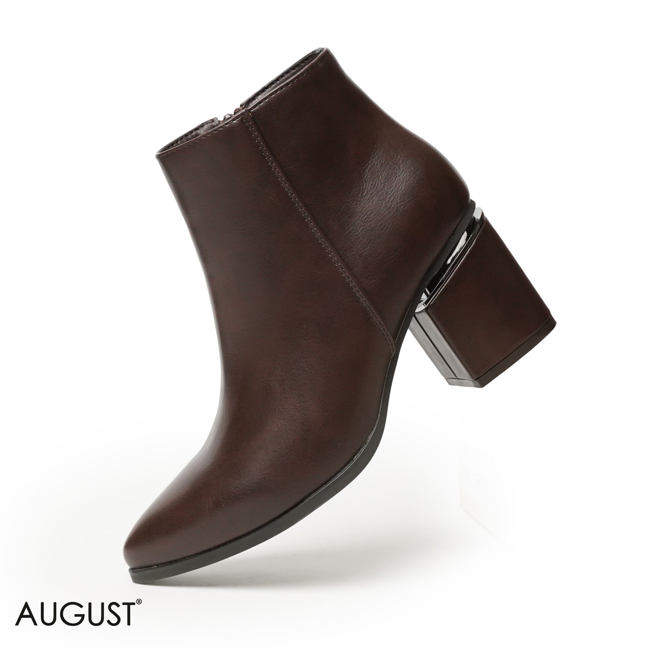 BROWN LEATHER HEELED BOOTS WITH GOLD METALLIC TOUCH