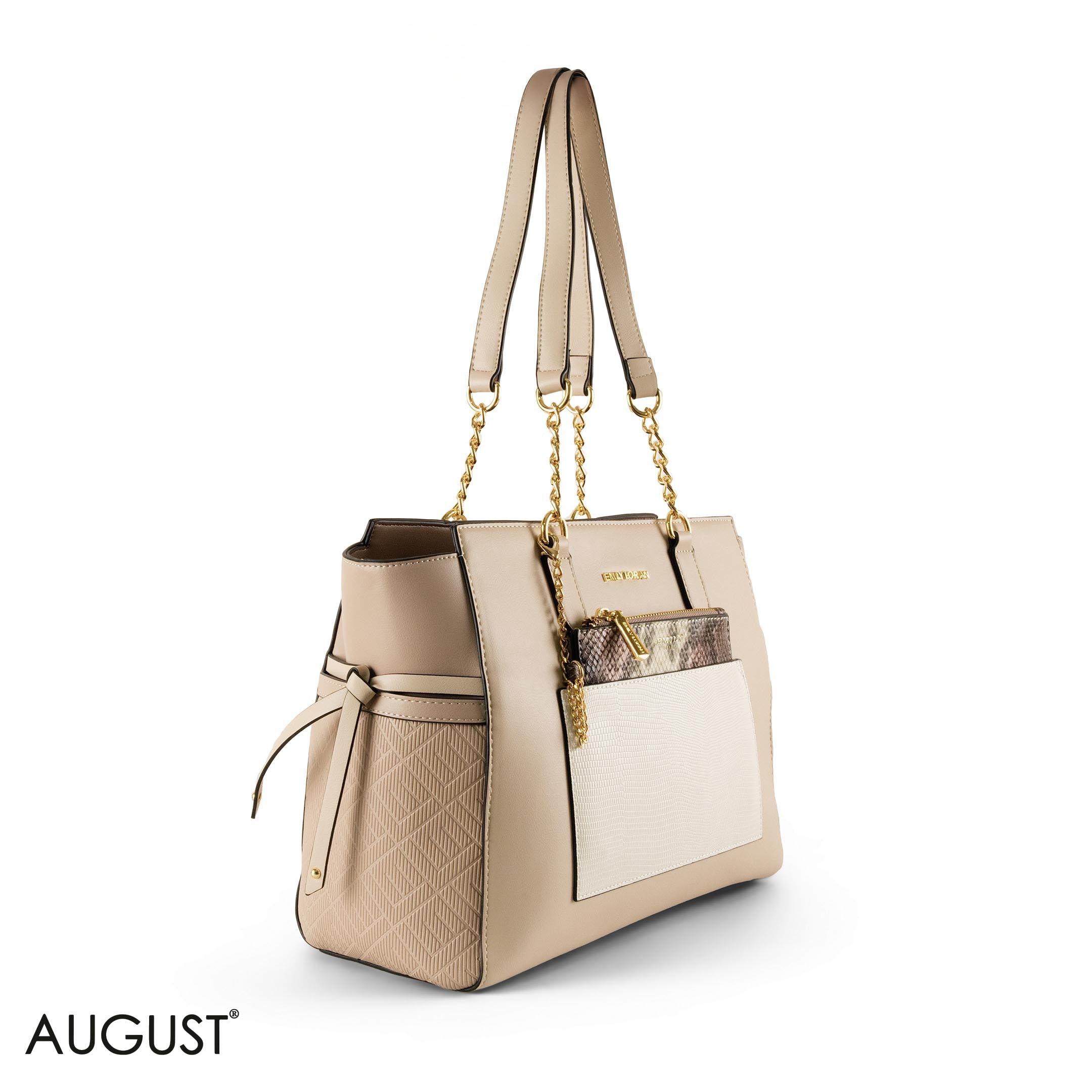 BEIGE LEATHER SHOULDER BAG WITH  SNAKE ACCENTS - LARGE