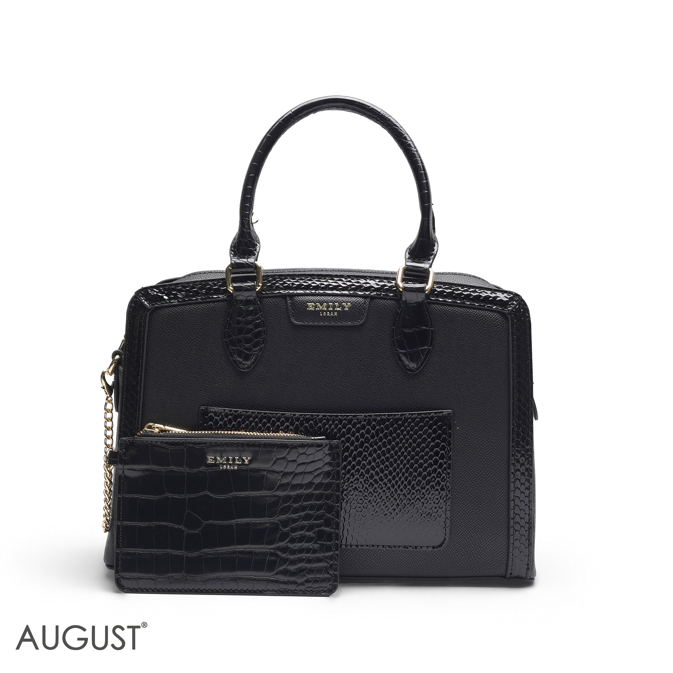 EMILY SOLID BLACK CROCODILE TOTE BAG WITH MINI POUCH - MED