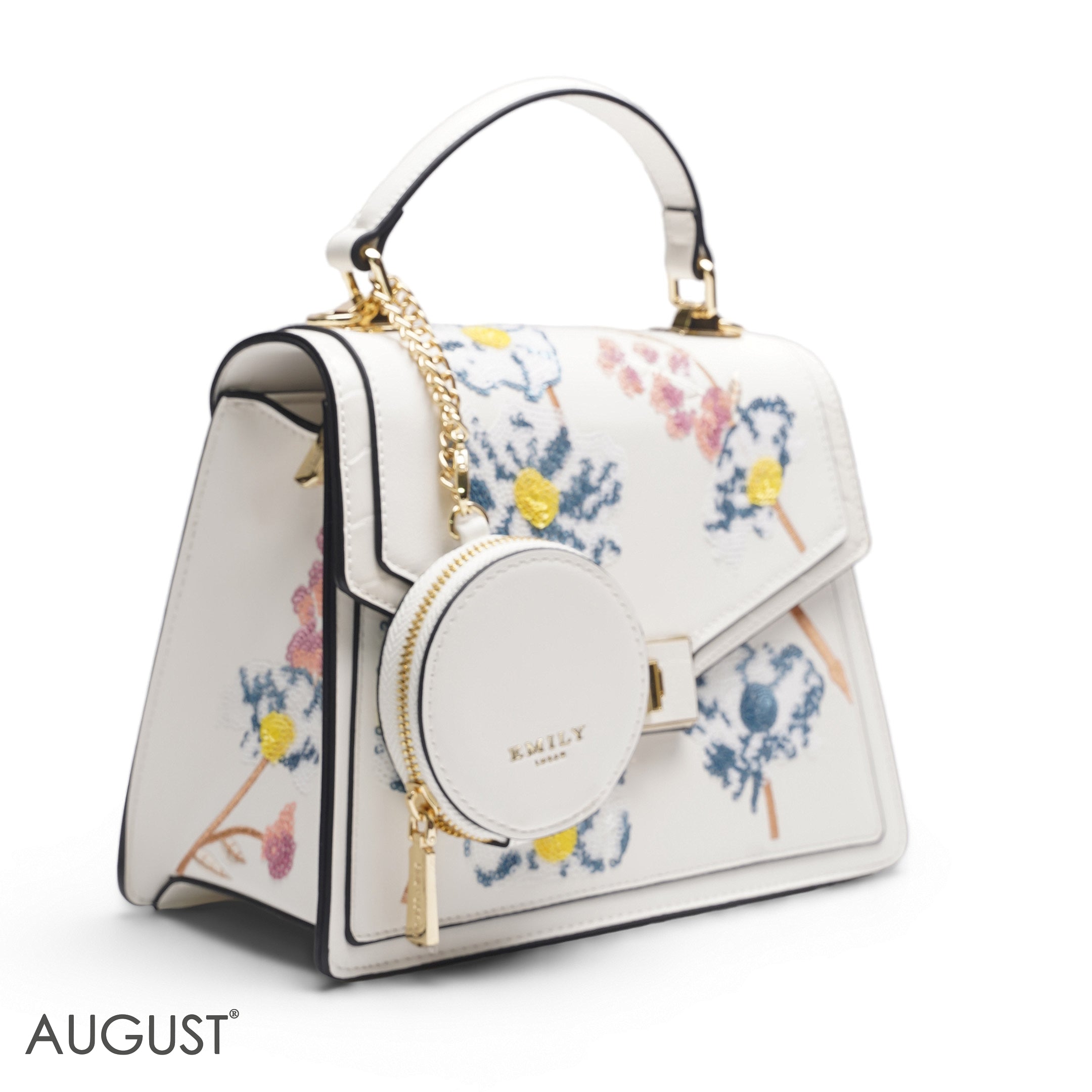 WHITE SEQUIN FLORAL SATCHEL WITH ROUND POUCH