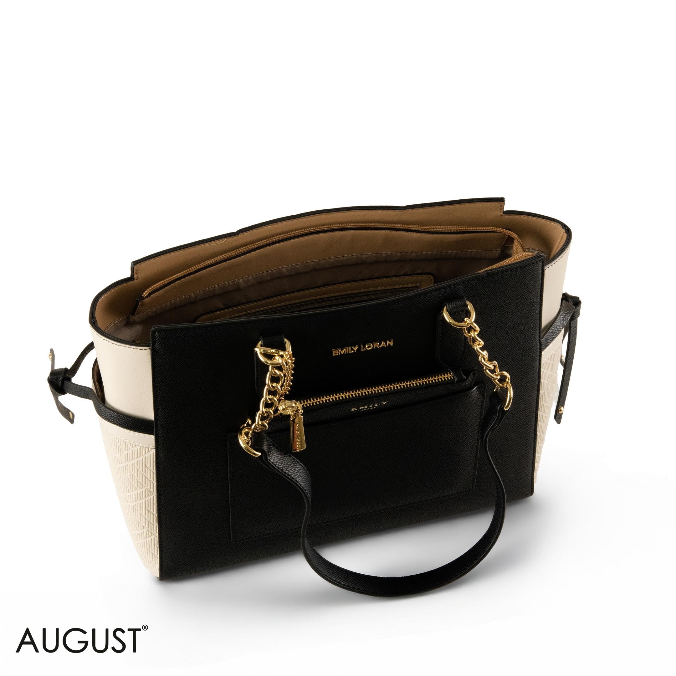 BLACK LEATHER SHOULDER BAG WITH OFF WHITE ACCENTS - LARGE