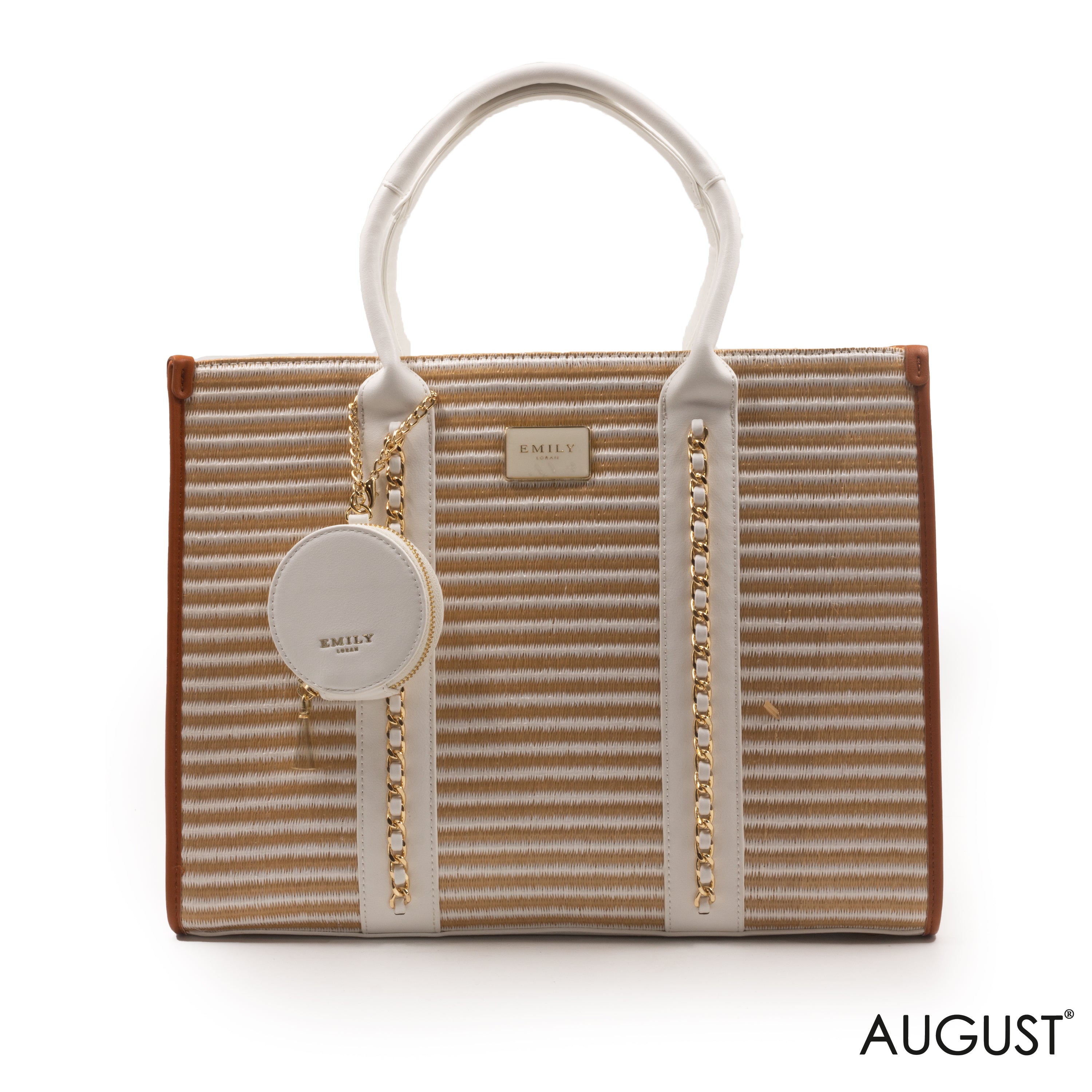 STRIPED STRAW EMILY LORAN HANDBAG WITH CHAIN DETAIL-LARGE