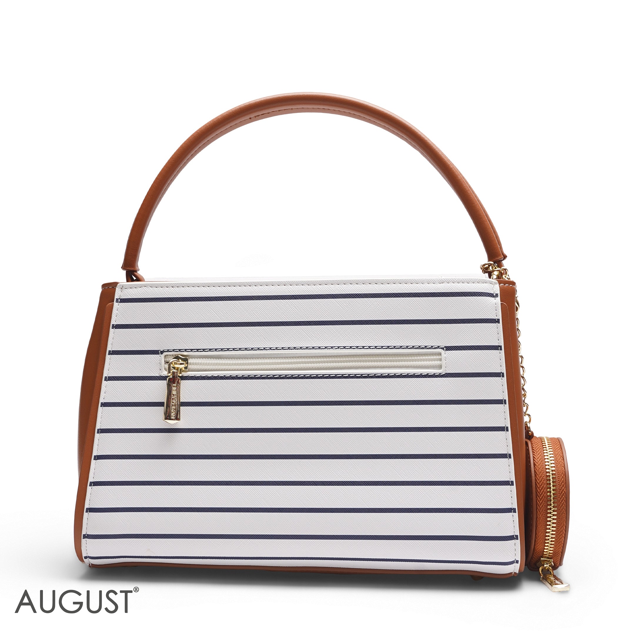 EMILY STRIPED NAVY & TAN SATCHEL BAG WITH ROUND POUCH - MED