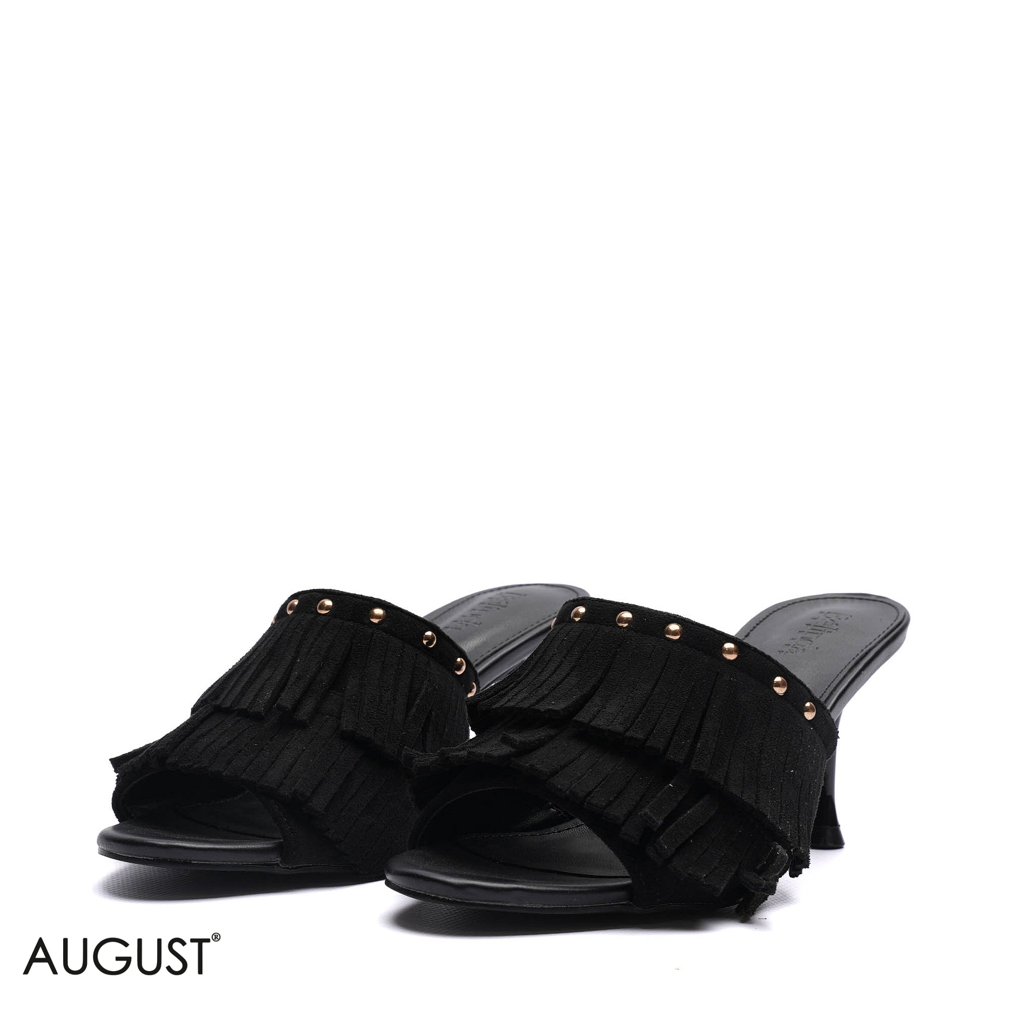 SUEDE FRINGE HEELED MULES