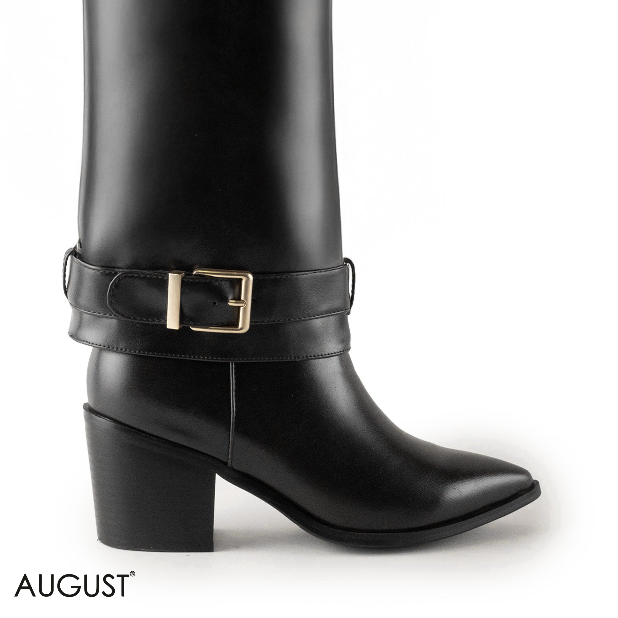 BLACK SMOOTH LEATHER LONG  BOOTS WITH BUCKLED