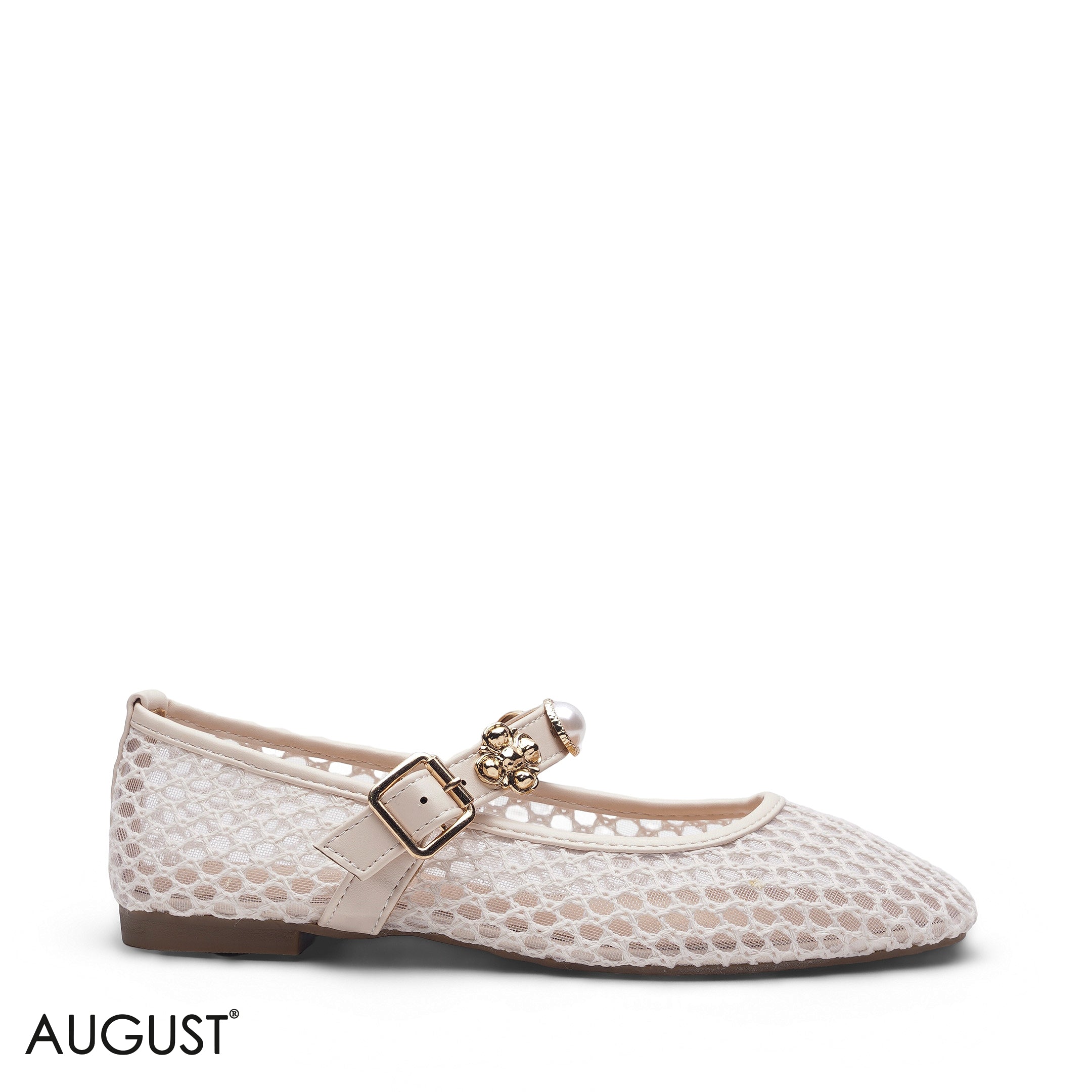 BEIGE MESH METALLIC BUCKLE LOAFER