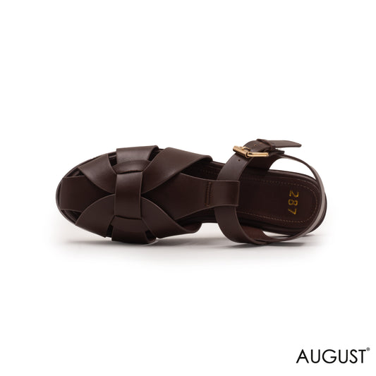 DARK BROWN LEATHER FLAT SANDALS WITH BRAIDED STRAP