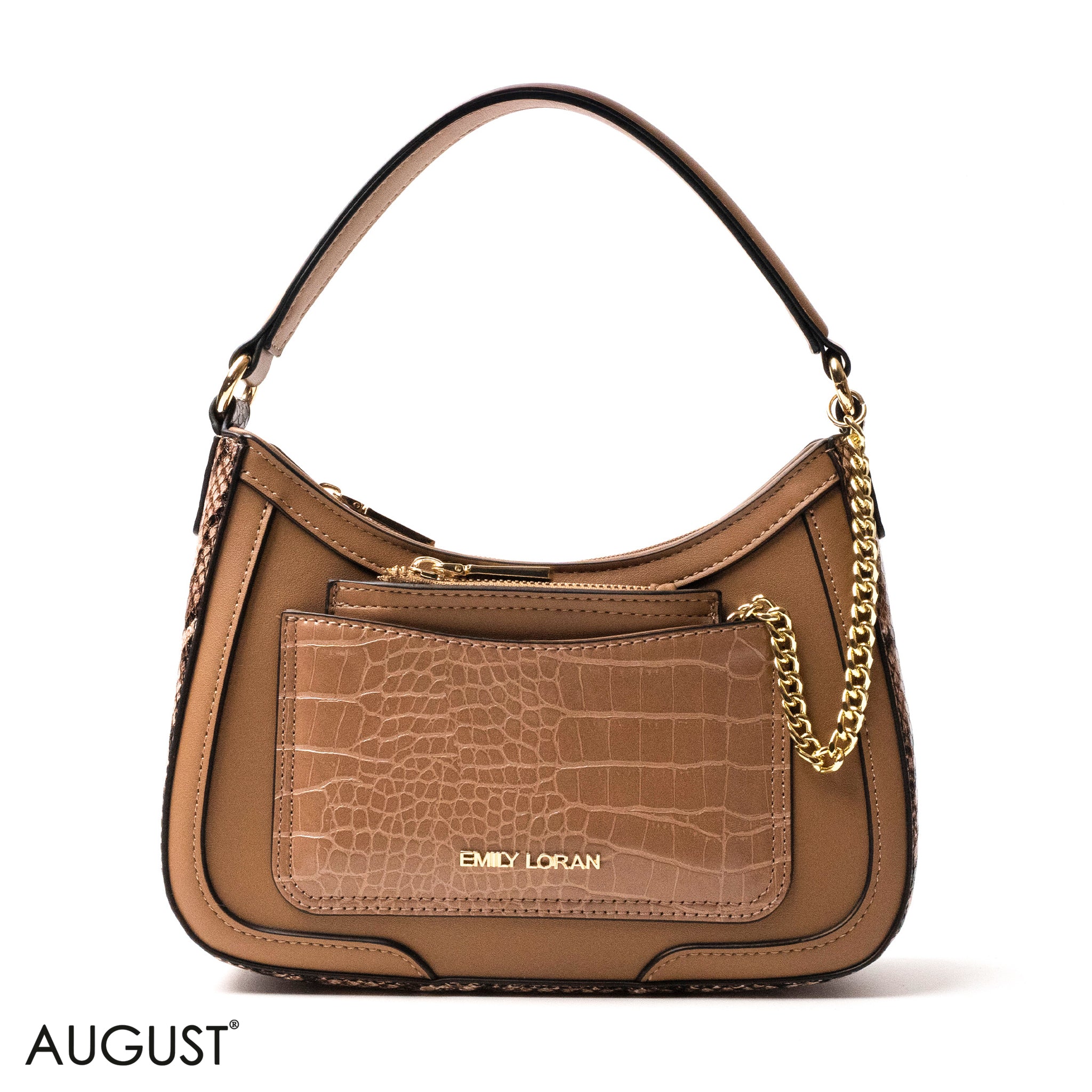 MOCHA LEATHER HANDBAG WITH METAL CHAIN -SMALL