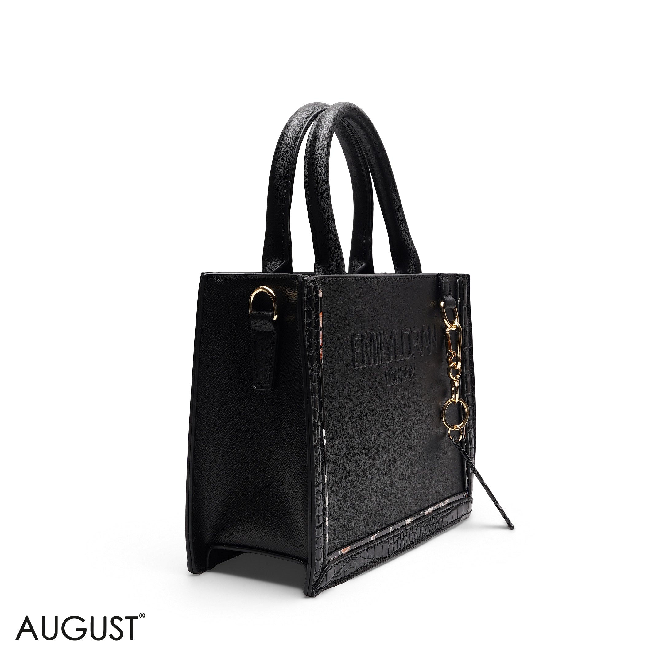 NAVY BLUEE EMBOSSED LOGO SQUARE TOP HANDLE BAG