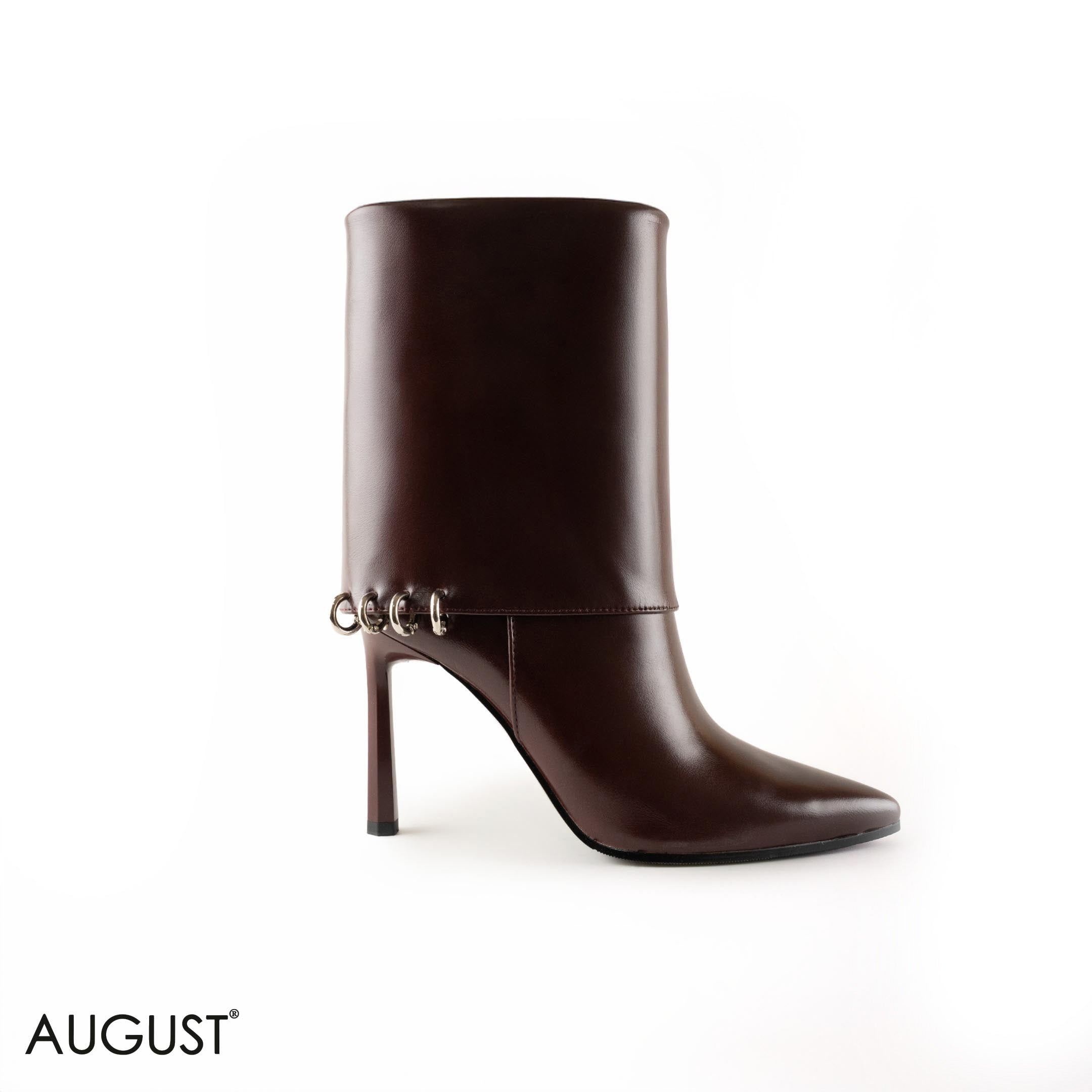 BROWN LEATHER STILETTOS HEELED BOOTS WITH METAL- RINGS DETAIL