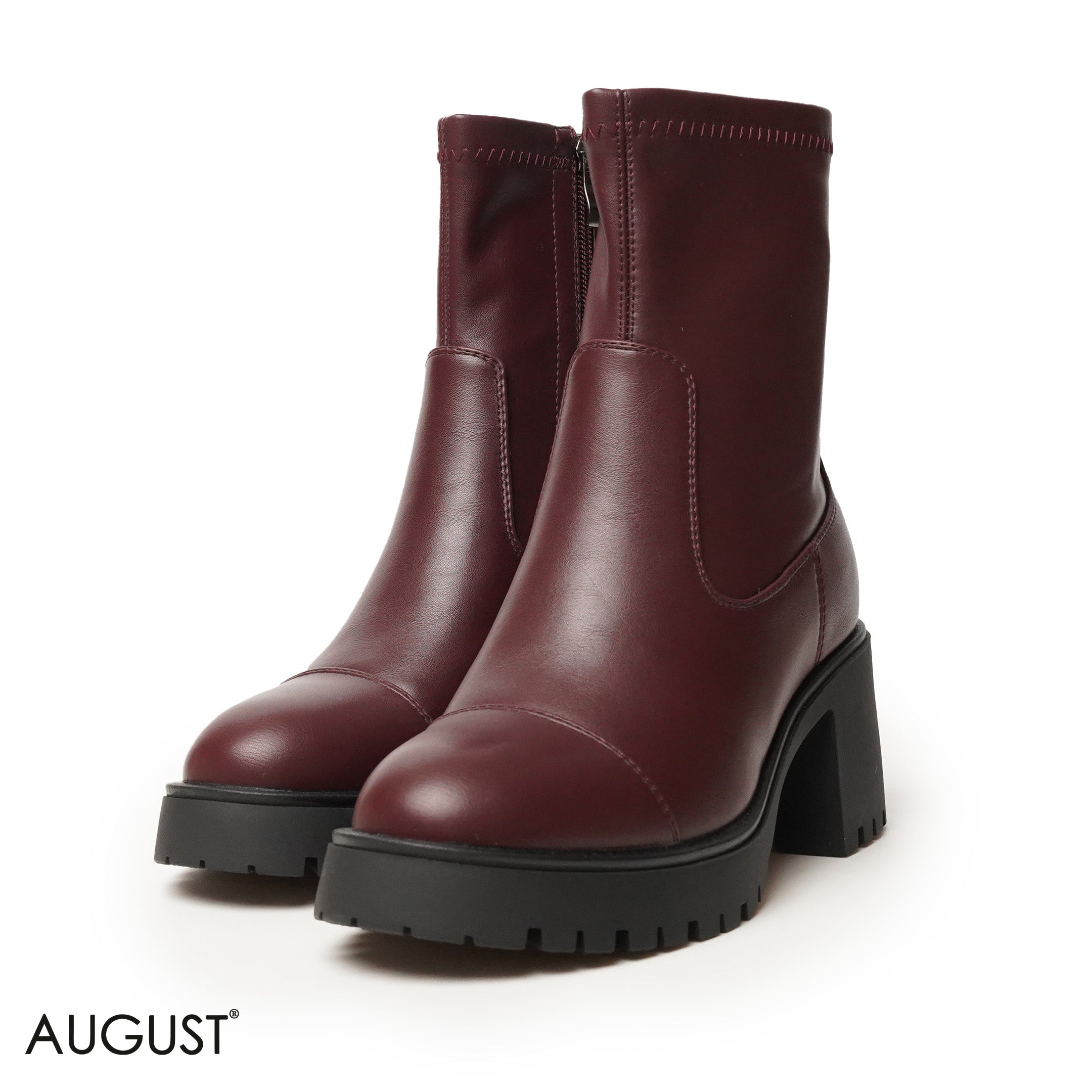 BURGUNDY LEATHER ANKLE BOOTS WITH THICK SOLE