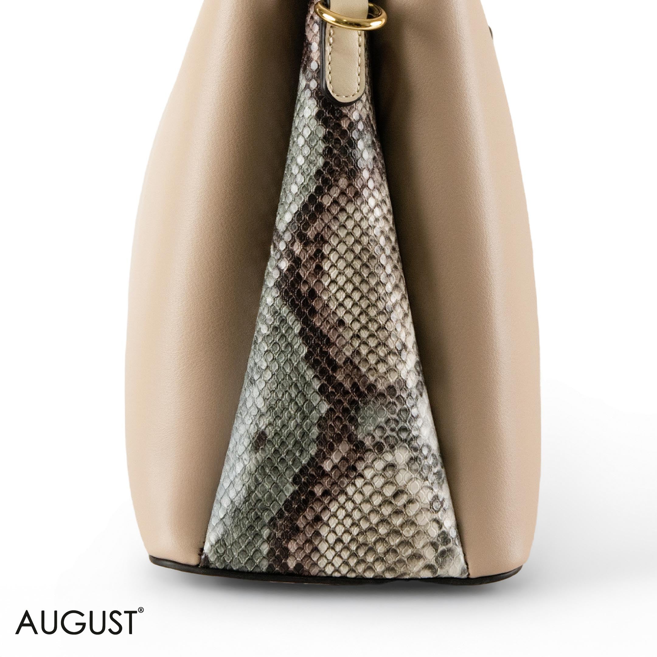 BEIGE SMOOTH LEATHER HANDBAG WITH SNAKE ACCENTS - LARGE