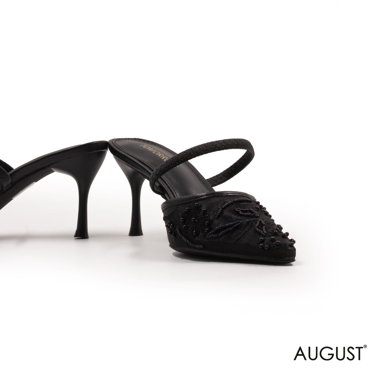 BLACK CHIFFON SLINGBACK HEEL SHOES WITH LACE DATAIL