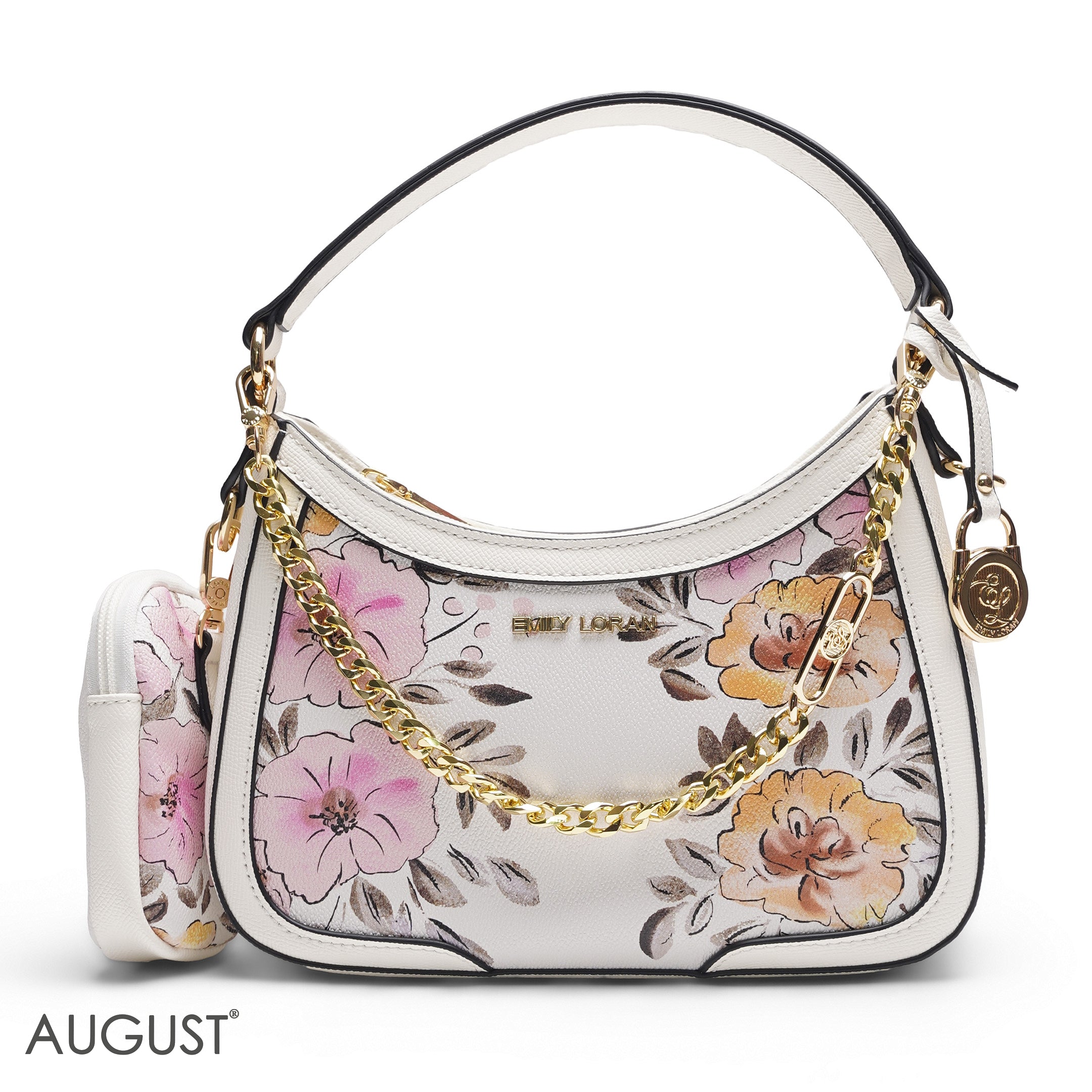 WHITE FLORAL HOBO BAG WITH SIDE POUCH (PINK & ORANGE)