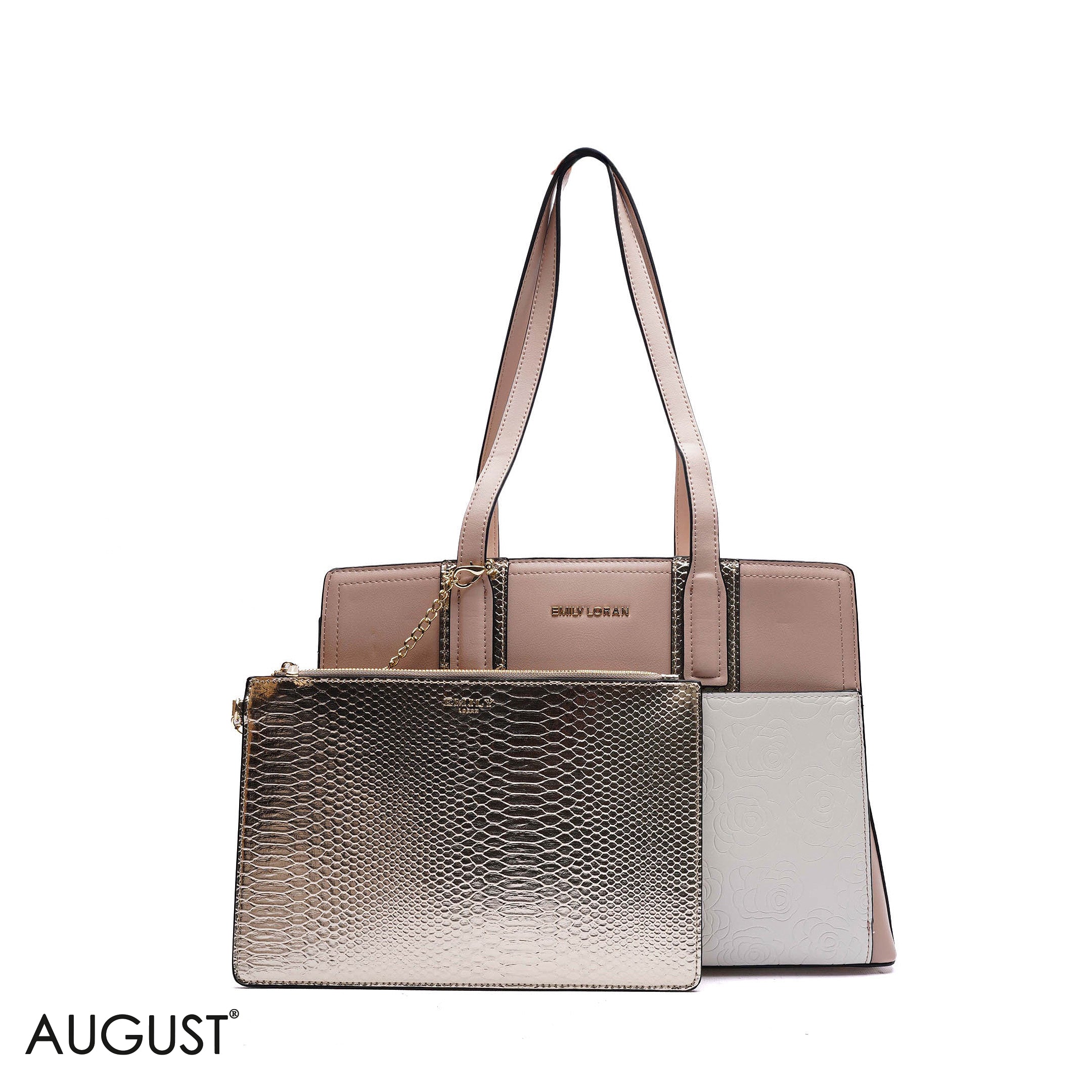 EMBOSSED FLORAL HANDBAG WITH SNAKESKIN POUCH