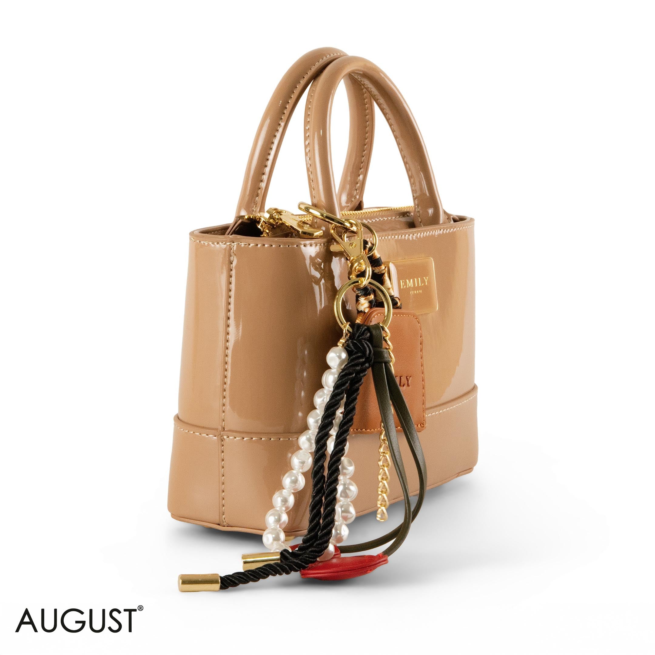 CAPPUCCINO GLOSSY LEATHER HANDBAG WITH ACCESSORIES- SMALL