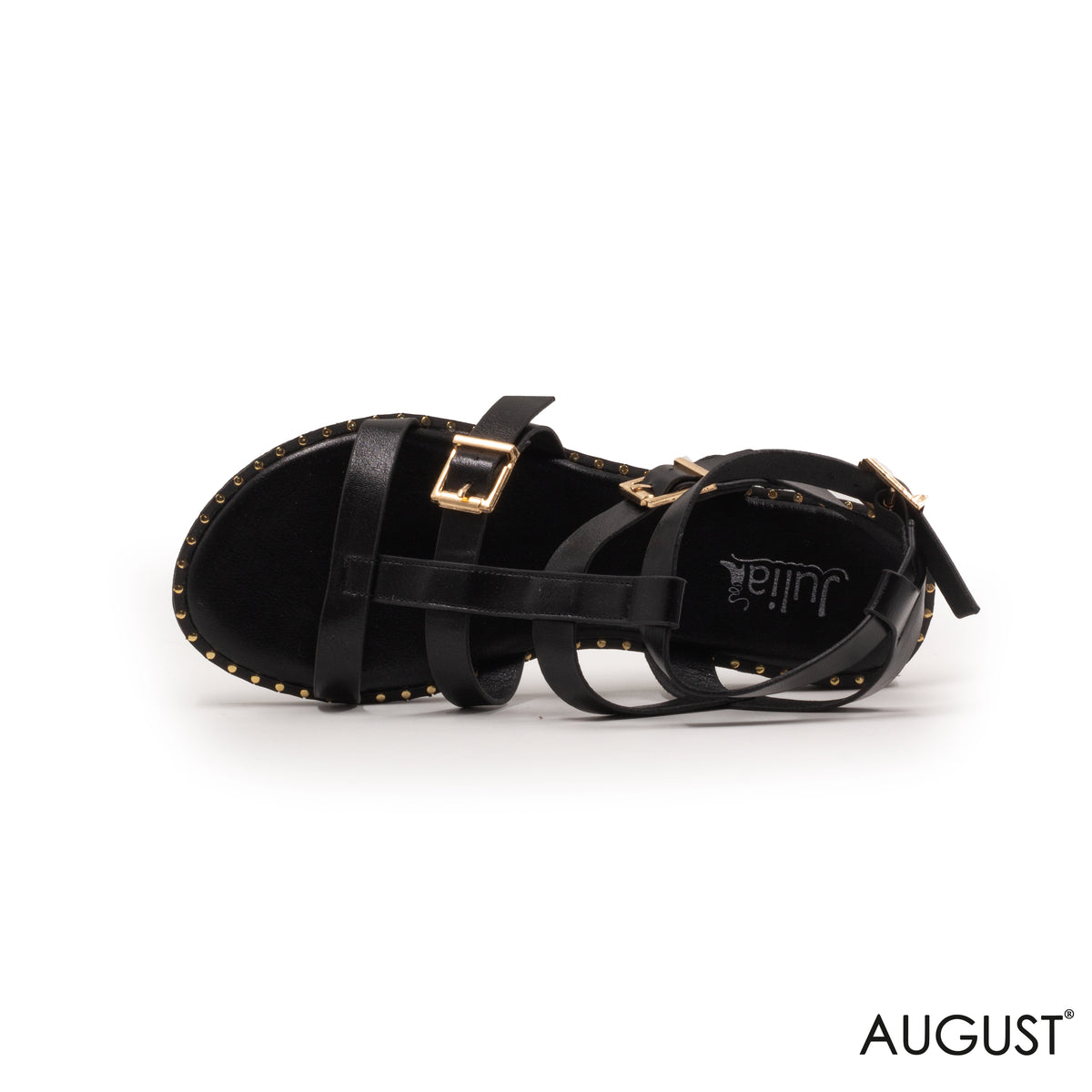 BLACK LEATHER FLAT SANDALS WITH STRAPPY BUCKLES
