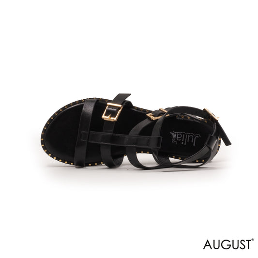 BLACK LEATHER FLAT SANDALS WITH STRAPPY BUCKLES