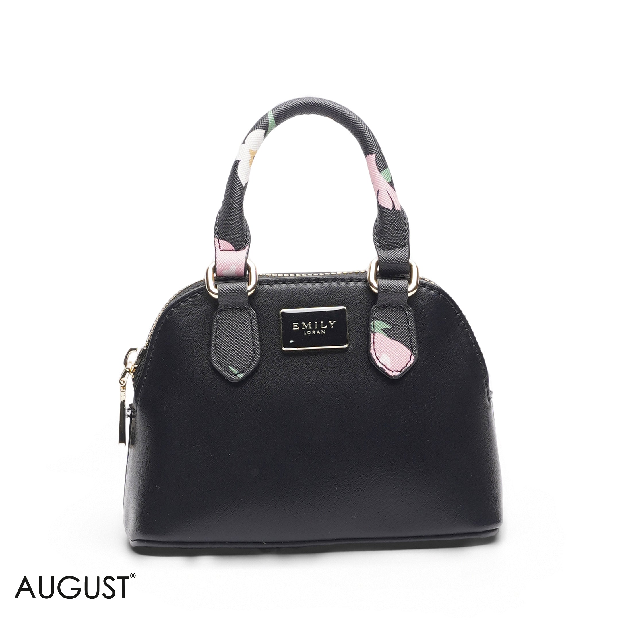 MINI BLACK BAG WITH FLORAL STRAP & GOLD METAL STRAP